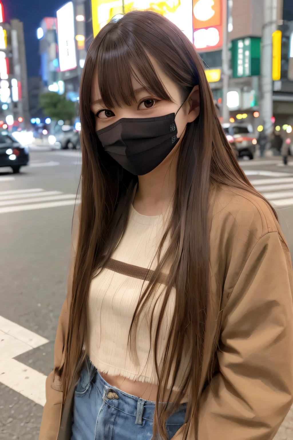 1girl, young female, photo, realistic, best quality, hires, detailed face, long hair, untied hair, detailed background, depth of field, Tokyo City, Asian Female, wearing face mask, brown hair, brown eyes, midriff, bangs, night time