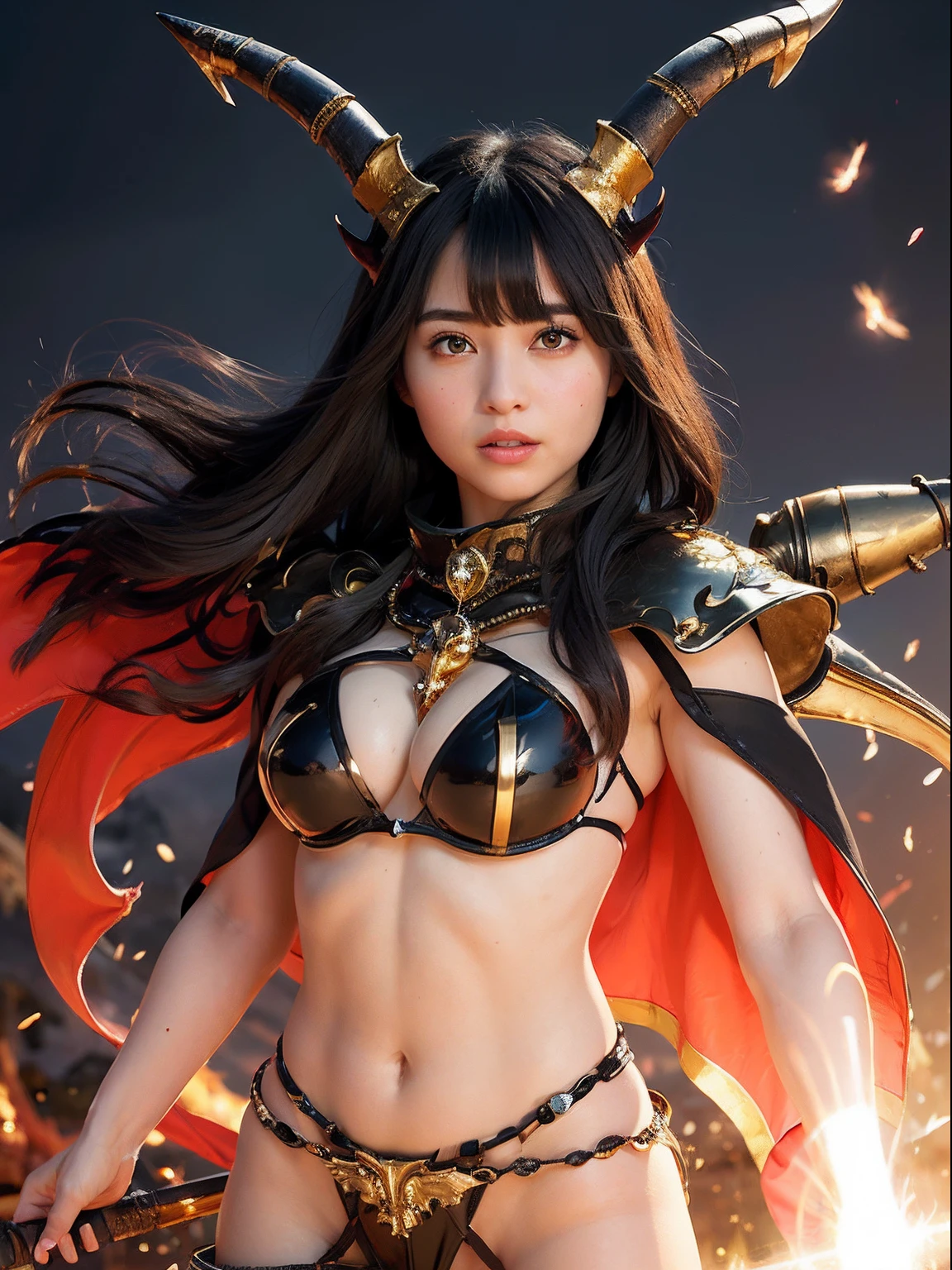 Professional , ​masterpiece、top-quality、photos realistic , depth of fields 、(A dark-haired) 、（Gemstone White Metal Body:1.4),(Matte Black、Jewel Gold Weapon（Jewel Metal Body:1.４),Gorgeous metal weapons ,Particles of light、（Fight dragons）、（Black wings）、（（maikurobikini））、（（ Detailed and gorgeous sword of the brave）） ,Light Effects、intense fighting、Wind-effect、magic circles、 (A dark-haired)   ,Detail and ornate jewel crown、With the legendary magic wand、Dragon's tail、explosions、（（maikurobikini））、（（Gangle's forest background））、Beautiful Caucasian beauty、１a person、dynamic ungle,(((Details of the two demon horns on the head)))、Smaller head、A smile、Background inside the castle、Thin and beautiful female hands、cleavage of the breast、Soldier in iron armor on background、Mystical expression、Light Effects、Wind-effect、With the legendary magic wand、（wingspan）、Toostock、Anatomically correct body、