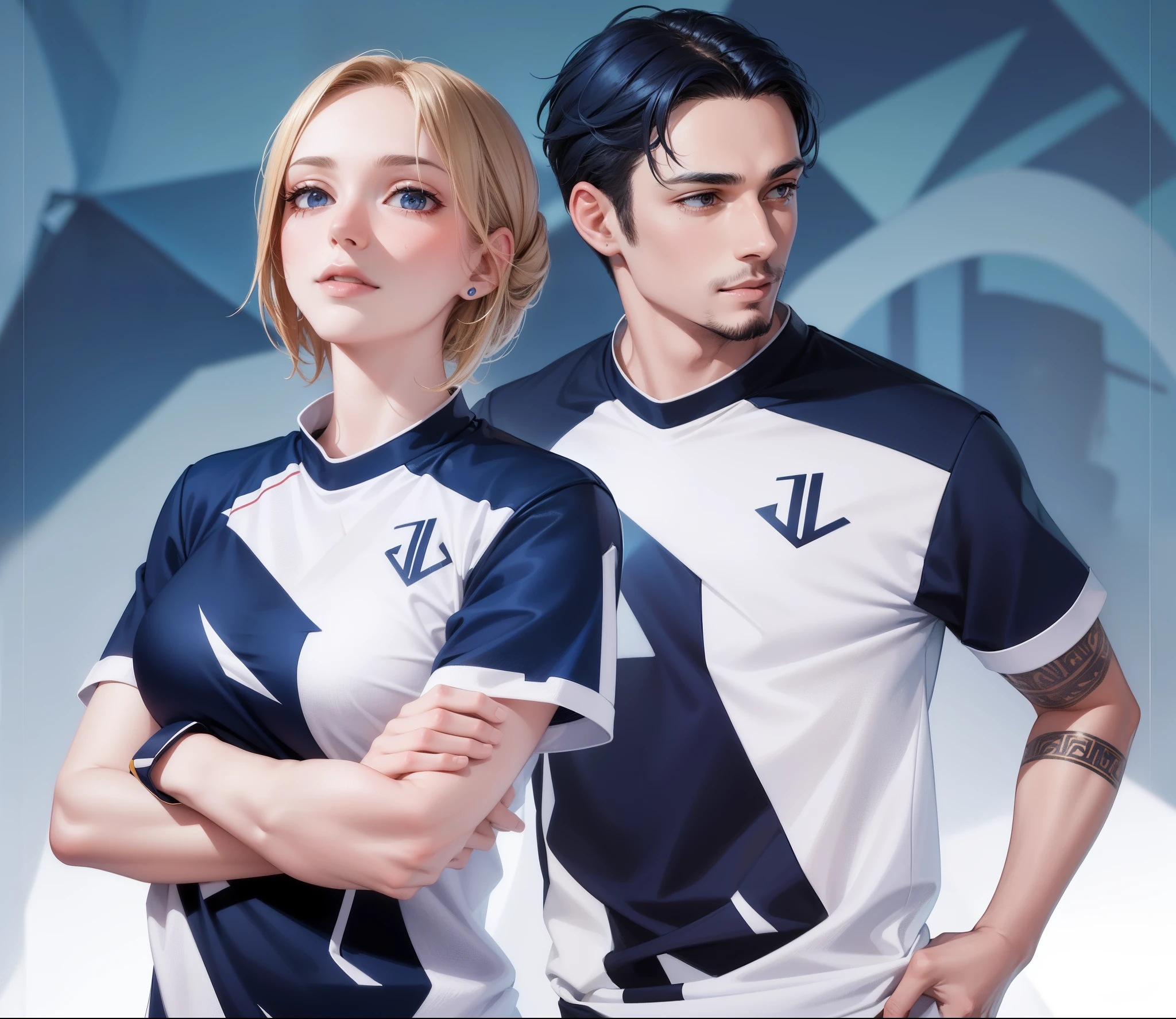 2 people, woman and man, Attractive profile picture, masterpiece, ultra-precise rendering, beautiful and cool young woman, trustworthy, dependable young woman, savior of the world, simple design, most beautiful image, 4K, blue black hair, beautiful woman, handsome man, facial hair, beautiful smile