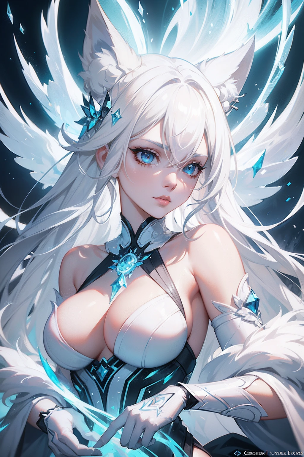 an ice goddess with white hair, fox girl, white tail she's controlling them with her powers, nice perfect face with soft skinice perfect face, concept art portrait by greg rutkowski, artgerm, hyperdetailed intricately detailed gothjic art, whole body photography