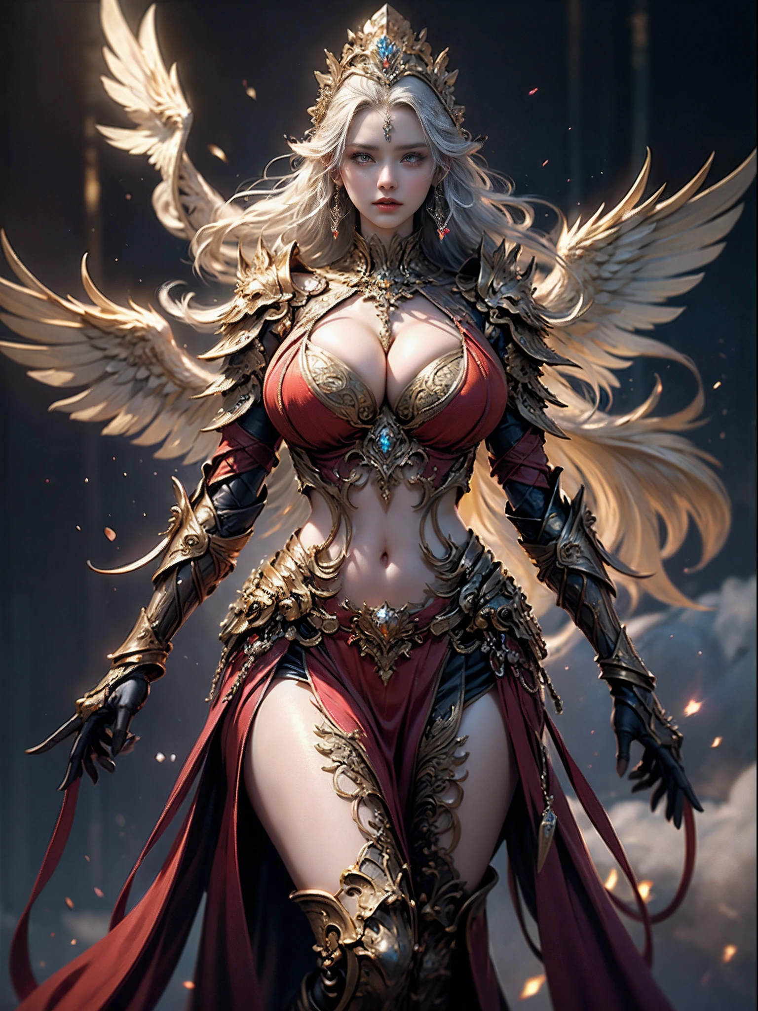 Elven Woman in a golden transparent dress,view the viewer,(((Huge breasts, Large cleavage))),Slim waist,(navel baring,Bare waist), Elven girl in shiny armor, Beautiful gold and silver armor, Extremely detailed, Exquisite tiara and jewelry, Long shapeless hair, Ultra-detailed, Zhenyi station, Rainstorm site, detailed fantasy art, Stunning character art, Beautiful and exquisite character art, Crystal jewelry filigree, milky ways, Stunning visuals, (dynamic streaks, light tracks:1.2), Vibrant colors, cinematic lighting.