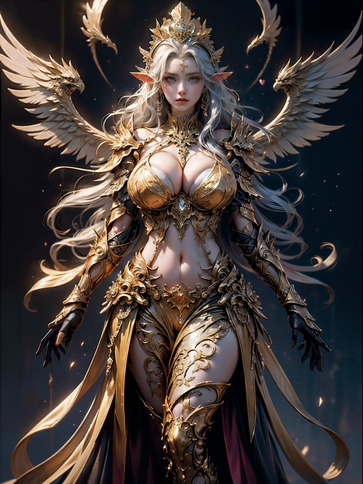 Elven Woman in a golden transparent dress,view the viewer,(((Huge breasts, Large cleavage))),Slim waist,(navel baring,Bare waist), Elven girl in shiny armor, Beautiful gold and silver armor, Extremely detailed, Exquisite tiara and jewelry, Long shapeless hair, Ultra-detailed, Zhenyi station, Rainstorm site, detailed fantasy art, Stunning character art, Beautiful and exquisite character art, Crystal jewelry filigree, milky ways, Stunning visuals, (dynamic streaks, light tracks:1.2), Vibrant colors, cinematic lighting.