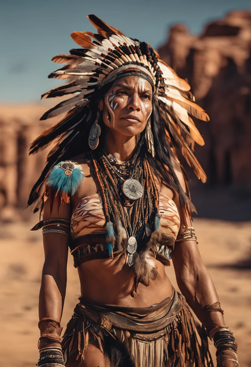 Beautiful Cherokee Indian woman with beautiful emerald headdresses, blackw, doradas, cobre, Pearl, white and beige, feathers made of bright neon of various colors, flares on camera, bokeh, full moon night
