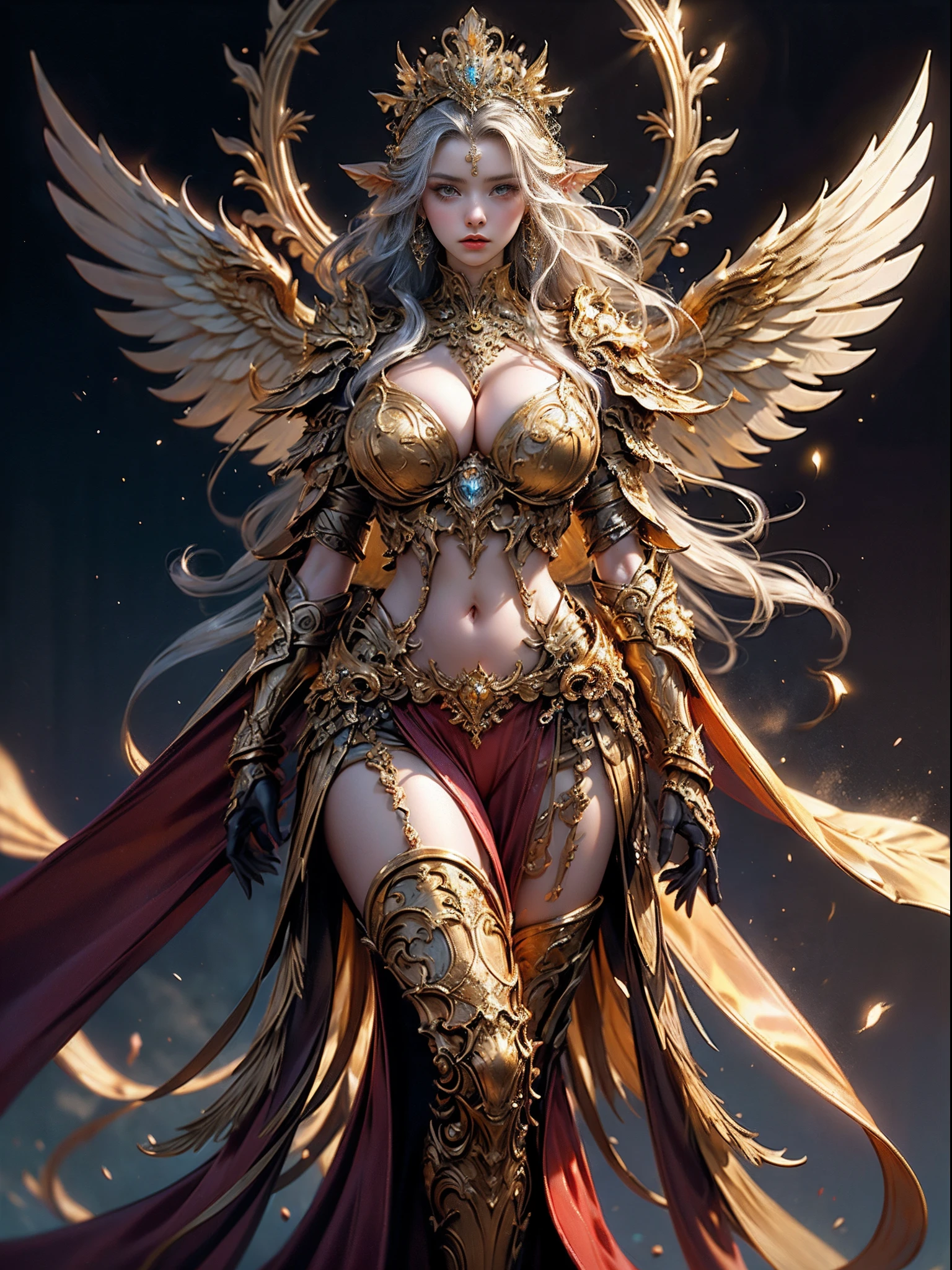 Elven Woman in a golden transparent dress,view the viewer,(((Huge breasts, Large cleavage))),Slim waist,(navel baring,Bare waist), Elven girl in shiny armor, Beautiful gold and silver armor, Extremely detailed, Exquisite tiara and jewelry, Long shapeless hair, Ultra-detailed, Zhenyi station, Rainstorm site, detailed fantasy art, Stunning character art, Beautiful and exquisite character art, Crystal jewelry filigree, milky ways, Stunning visuals, (dynamic streaks, light tracks:1.2), Vibrant colors, cinematic lighting.