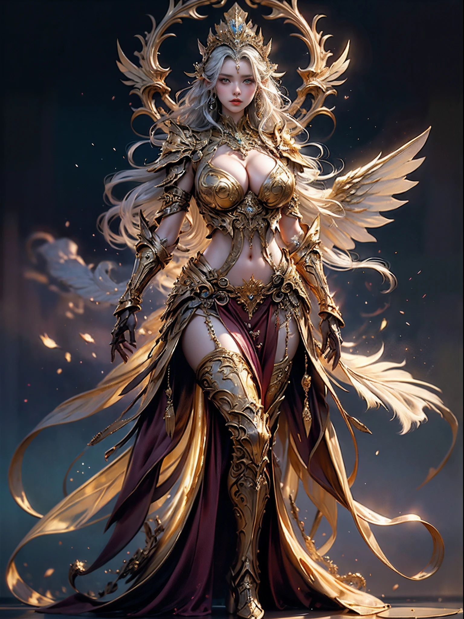 Elven Woman in a golden transparent dress,view the viewer,(((Huge breasts, Large cleavage))),Slim waist,(navel baring,Bare waist), Elven girl in shiny armor, Beautiful gold and silver armor, Extremely detailed, Exquisite tiara and jewelry, Long shapeless hair, Ultra-detailed, Zhenyi station, Rainstorm site, detailed fantasy art, Stunning character art, Beautiful and exquisite character art, Crystal jewelry filigree, milky ways, Stunning visuals, (dynamic streaks, light tracks:1.2), Vibrant colors, cinematic lighting.