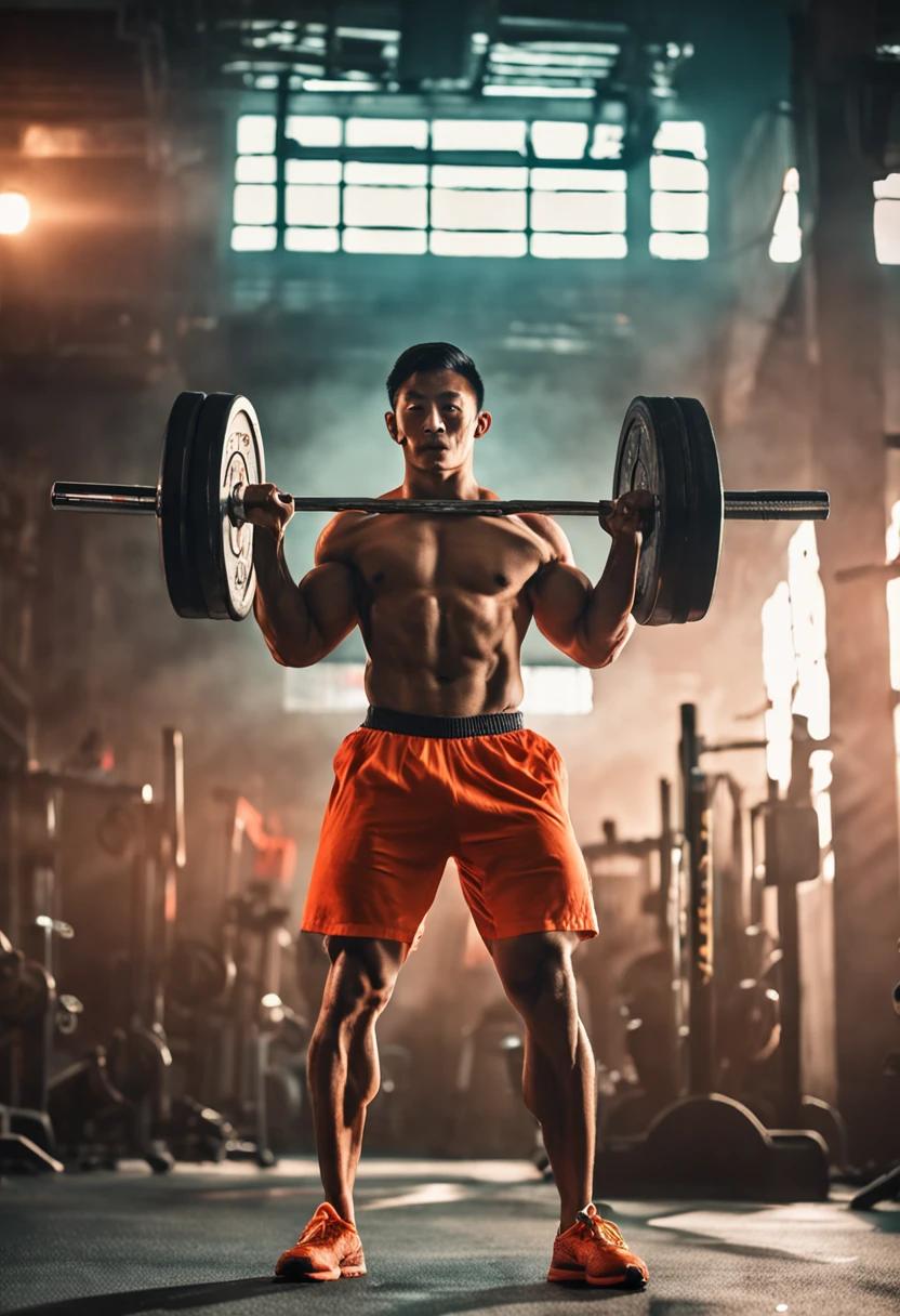 Handsome Chinese man in orange shorts and no shirt holding a barbell, Strong legs, Muscular thighs, incredibly strong and tall, Strong and tall, chest legs, Legs and arms, Muscular legs, body is strong and upright, workout, Tall and strong, athletic and strong, in  the gym, powerful stance, Strong body, fit pic, Body movement，And sweaty