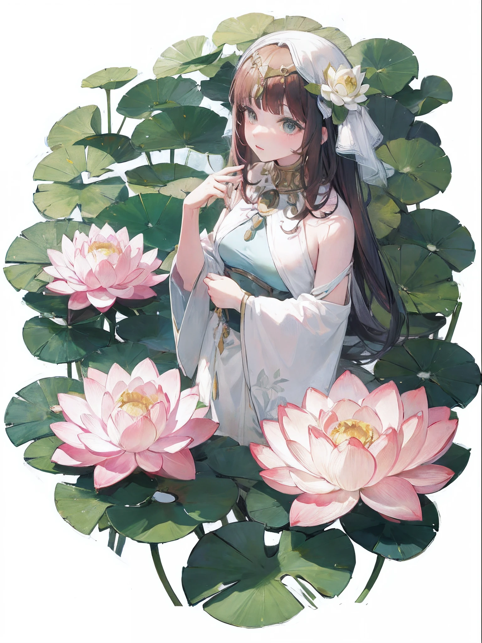 anime girl with long hair and white dress surrounded by pink flowers, standing gracefully upon a lotus, guweiz, by Shitao, gilded lotus princess, lotus floral crown girl, waterlily mecha nymphaea, sitting on a lotus flower, guweiz on pixiv artstation, flower goddess, anime goddess, standing on a lotus