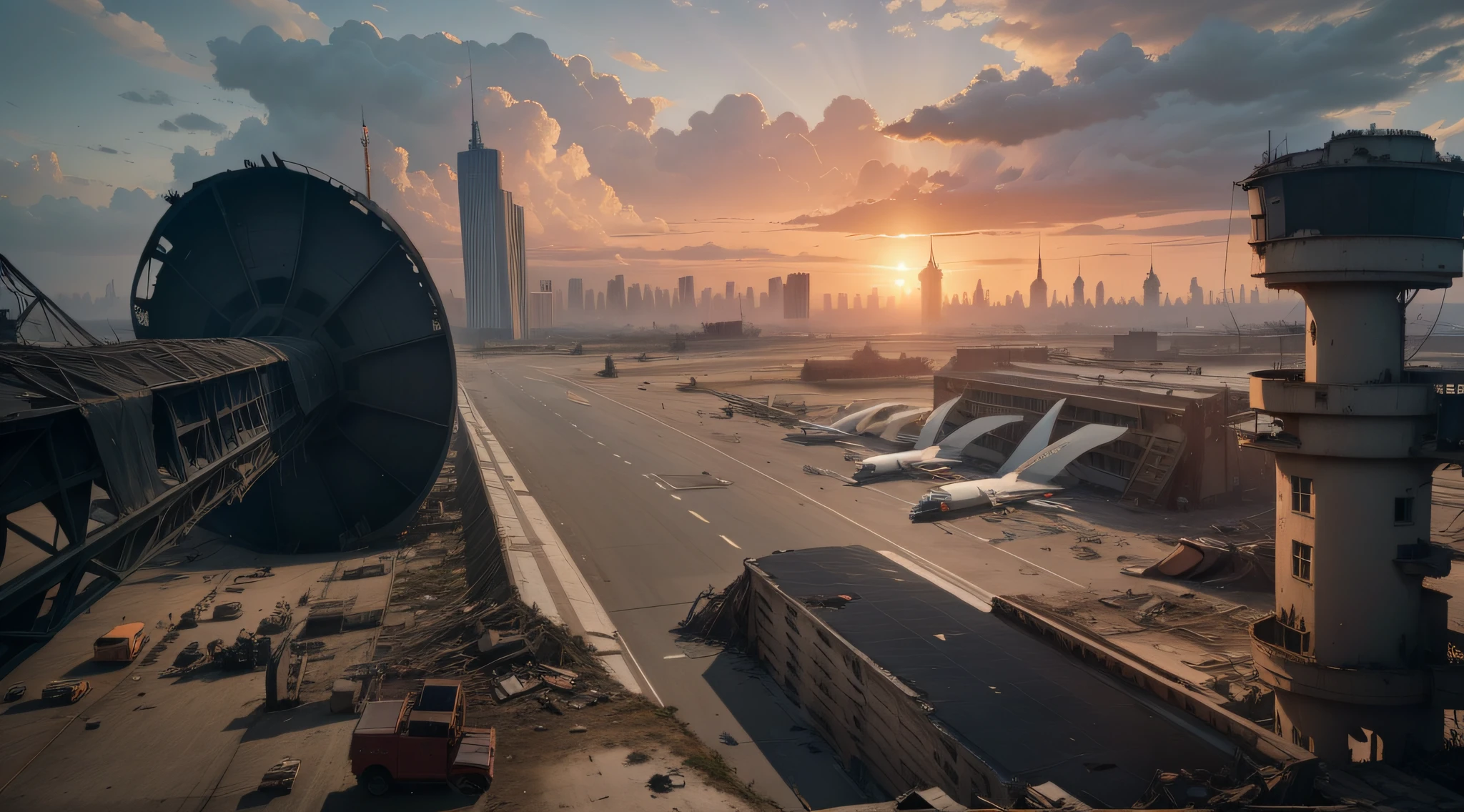 50 meters from an aerial view,Latter-day world,Dilapidated buildings ,The fallen tower is on the left side of the frame,Sunshine at 6 p.m,Contre-Jour ,Broken terminal,The wreckage of the plane is on the runway of the airport,There is no complete plane,The right side of the picture of the broken tower,On the horizon are tall buildings in the distance,complexdetails,Virtual Engine,Movie lighting,8k,High-definition large image,