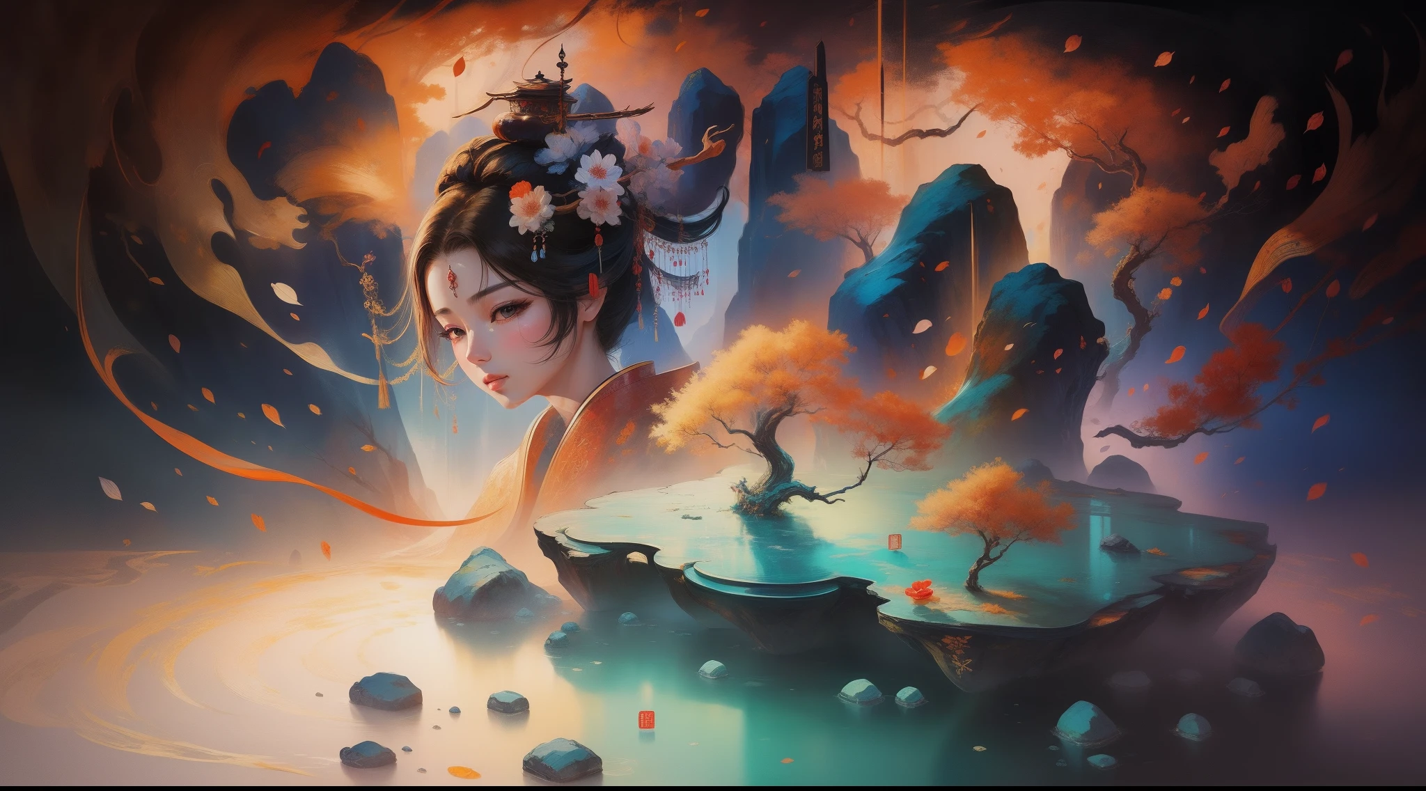Chinese painting and calligraphy，Ancient Chinese landscapes，woman，Bright colors，High exposure，High sharpness