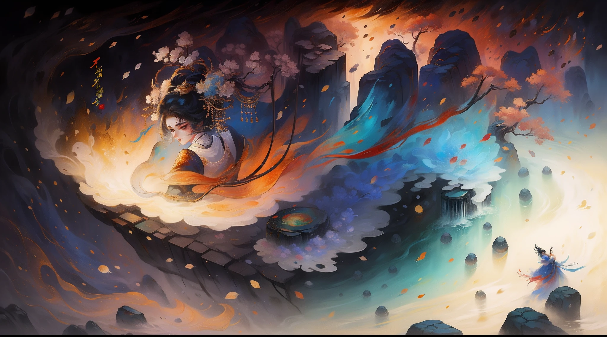 Chinese painting and calligraphy,Ancient Chinese landscapes,woman,Bright colors,High exposure,High sharpness