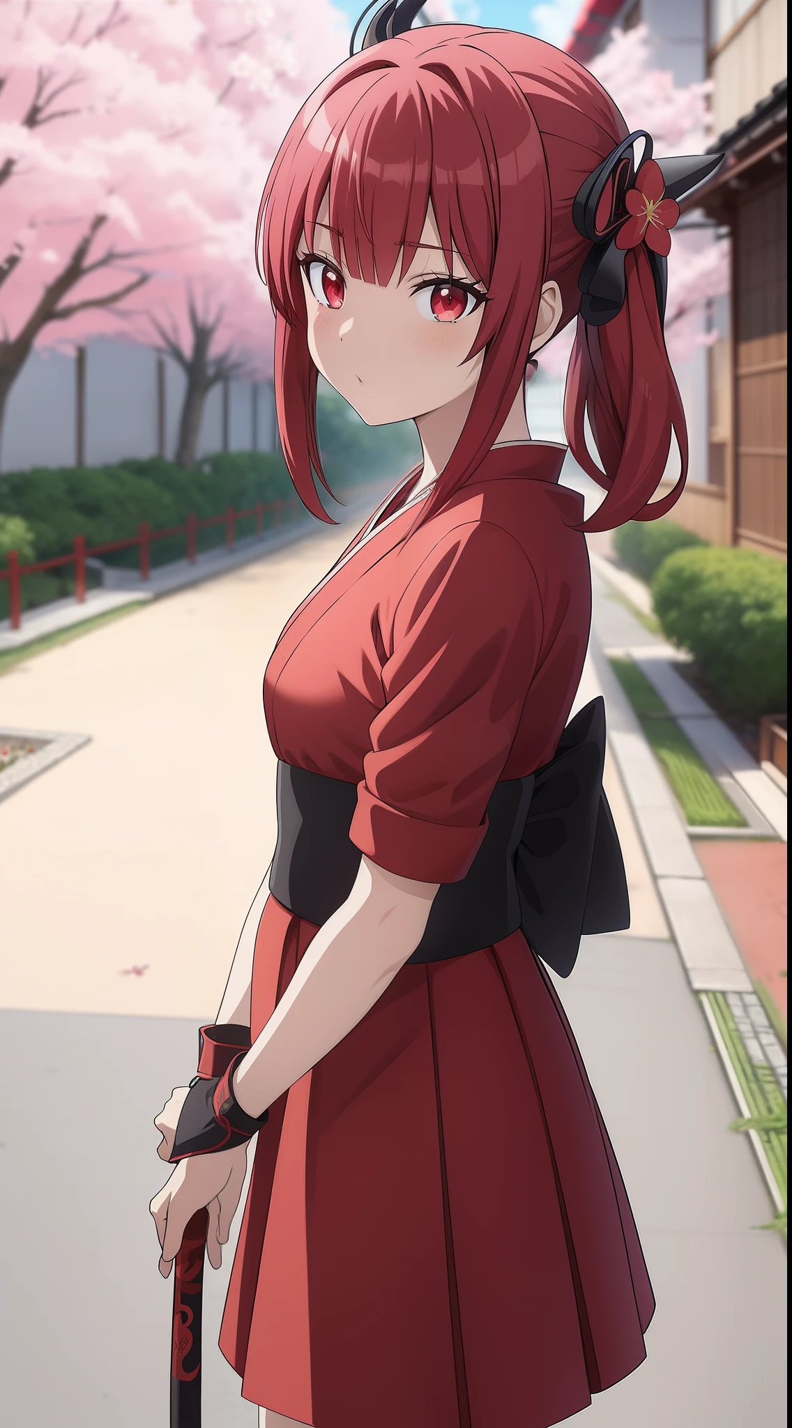 ((Mastepiece)), ((best quality)), (ultra-detalhado), ((extremamente detalhado)), 4k, (8k), best quality, 1girl, Samurai, roupas pretas e vermelhas com detalhes dourados, heterocromia, Olhos vermelhos e azuis, cabelo longo preto, fita vermelha no cabelo, katana longa, Japanese scenery with Sakura flowers, templo antigo, anime, obra-prima, melhor qualidade
