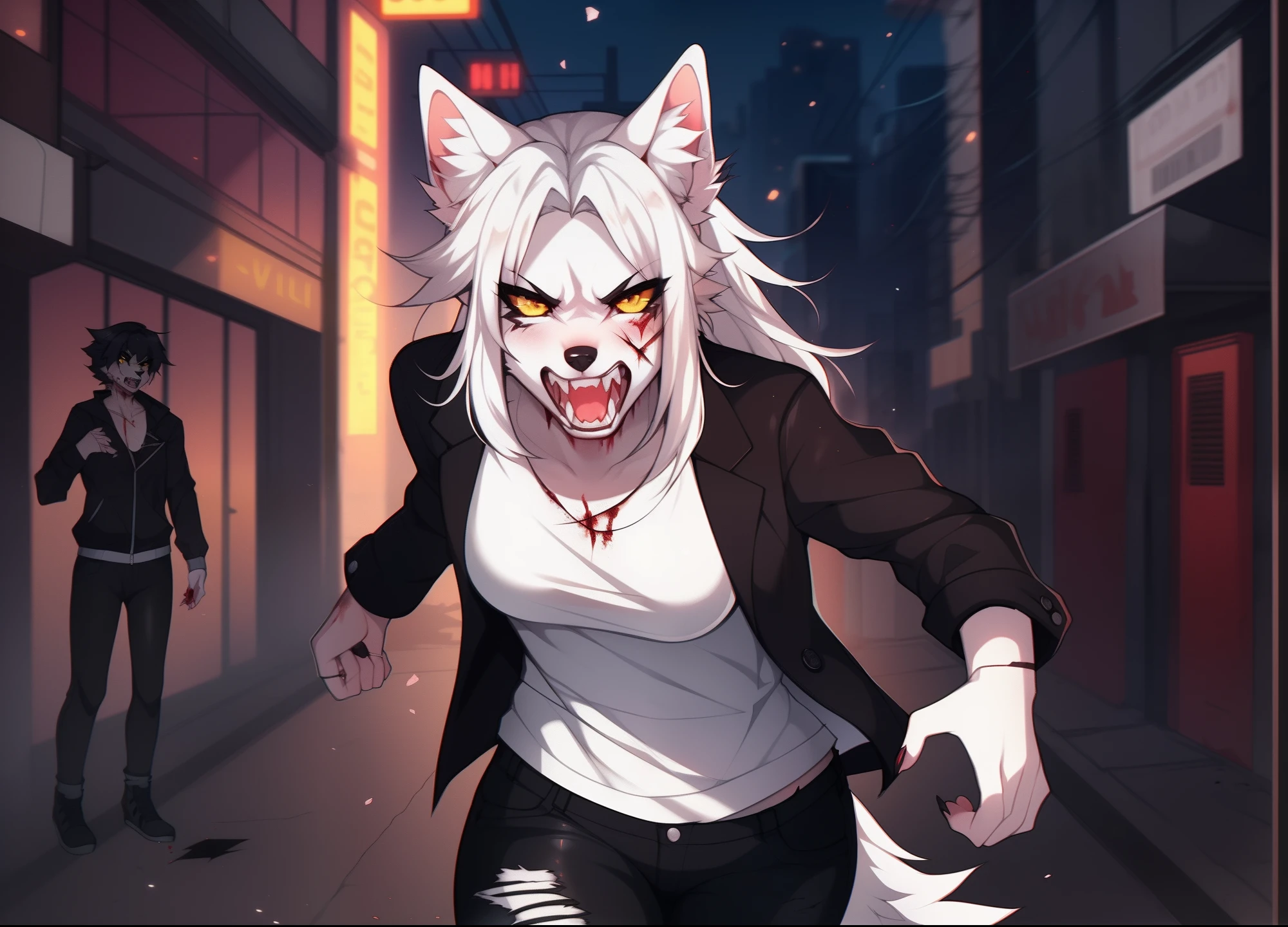 a female white wolf, long white hair, black nose, cute snout,  white wolf tail, white fluffy ears, one ear torn off, missing an ear, wearing ripped white shirt, ripped black pants, bloody clothes, yellow eyes, black_sclera:1.1, angry, snarling, baring teeth, by hyattlen, by claweddrip, by fumiko, high quality, zombie:1.2 rotting flesh, zombie features, sharp bloody canine teeth, wounds, running towards viewer, apocalyptic city, bloody_body:1.5