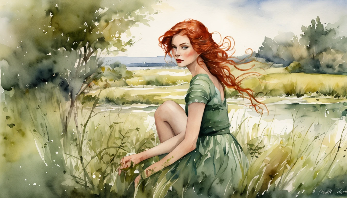 ((Best quality masterpiece)), ((highly detailed)), high resolution. Vintage watercolor of a beautiful woman, with red hair and green eyes, very similar to Milla Jovovich, with a green jumper, pin-up style, on the shore of an irrigation canal. Whole body image. inspired by graphic artist Magali Villeneuve, Monet, Charlie Bowater Artgeem, Tom Bagshaw, Darius Zawadzki and Tom Bagshaw