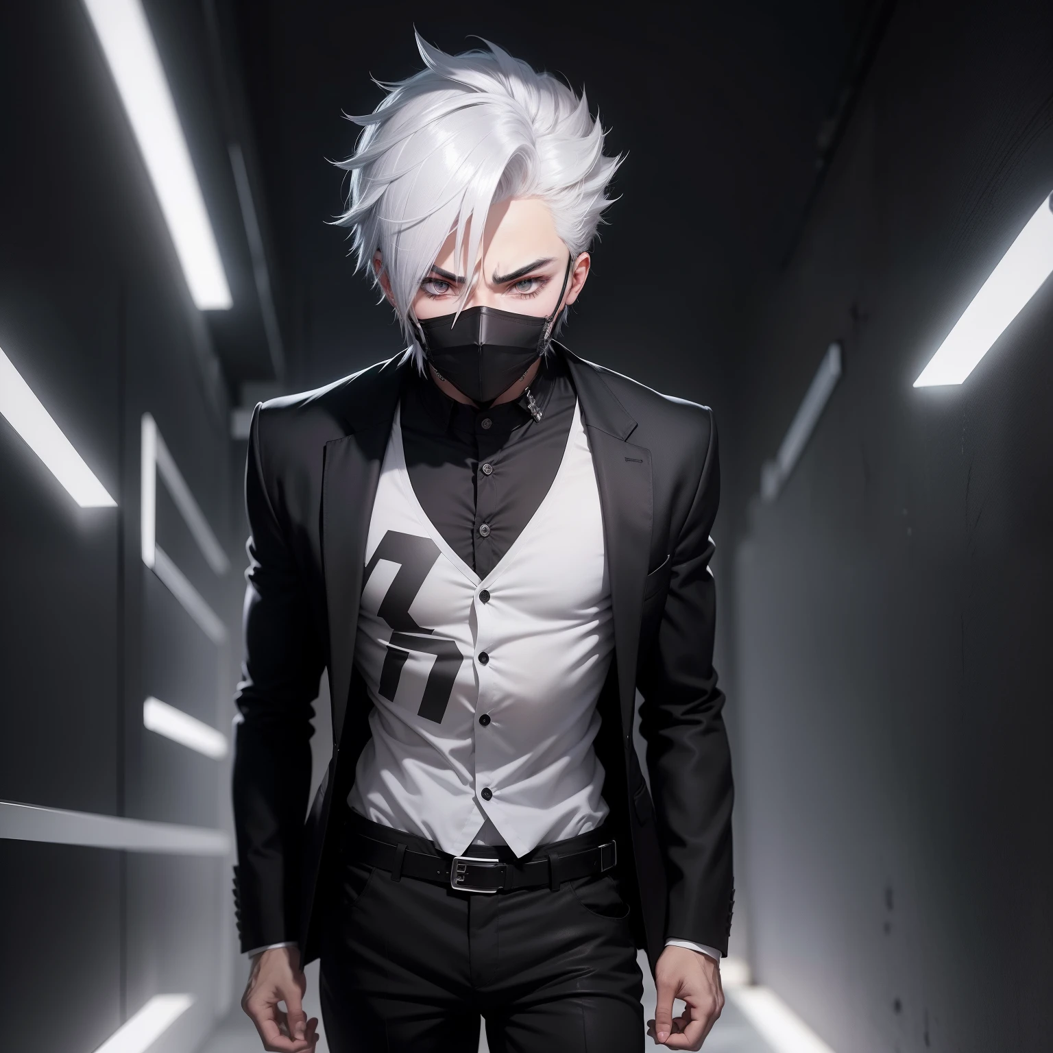Anime boy, mask, edgy, black and white shirt and pants, dark background, symmetrical face, handsome, beautiful eyes, beautiful hair, badass, High quality image