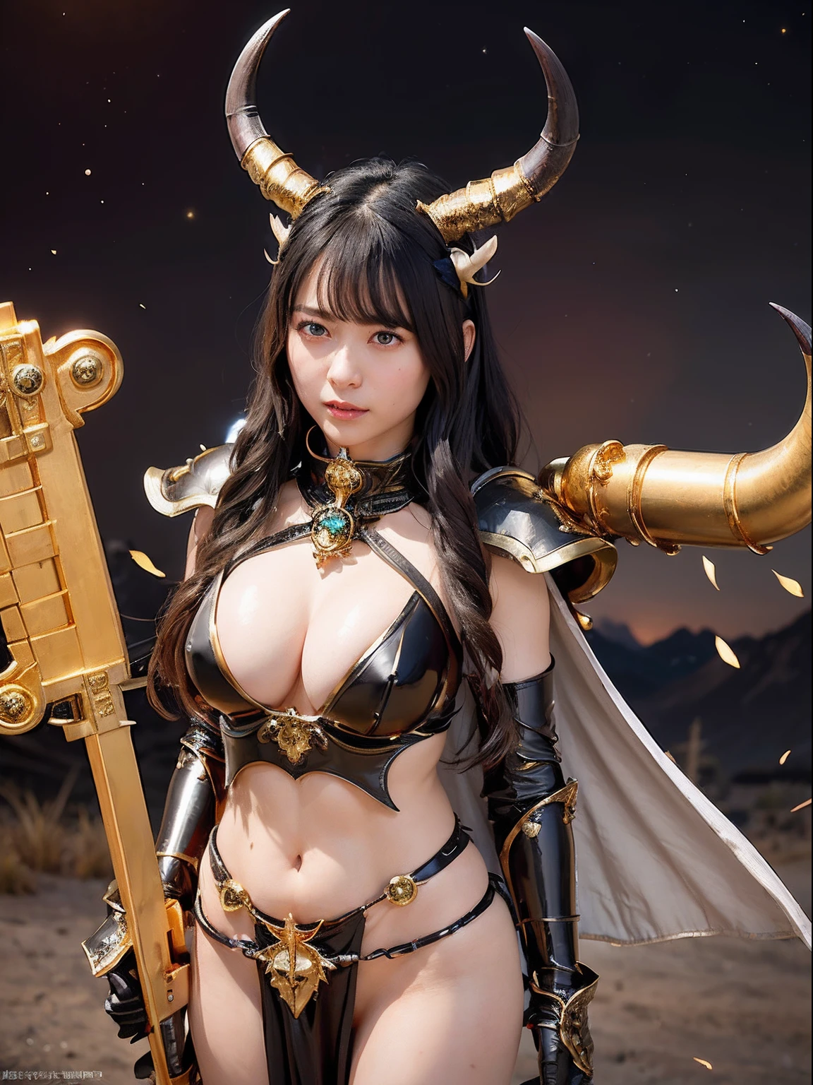 Professional , masterpiece、top-quality、photos realistic , depth of fields 、(A dark-haired) 、(Gemstone White Metal Body:1.4),(Matte Black、Jewel Gold Weapon(Jewel Metal Body:1.4),Gorgeous metal weapons ,Particles of light、(Fight dragons)、(Black wings)、((maikurobikini))、(( Detailed and gorgeous sword of the brave)) ,Light Effects、intense fighting、Wind-effect、magic circles、 (A dark-haired) ,Detail and ornate jewel crown、With the legendary magic wand、Dragon's tail、explosions、((maikurobikini))、((Gangle's forest background))、Beautiful Caucasian beauty、1a person、dynamic ungle,(((Details of the two demon horns on the head)))、Smaller head、A smile、Background inside the castle、Thin and beautiful female hands、cleavage of the breast、Soldier in iron armor on background、Mystical expression、Light Effects、Wind-effect、With the legendary magic wand、(wingspan)、Toostock、Anatomically correct body、