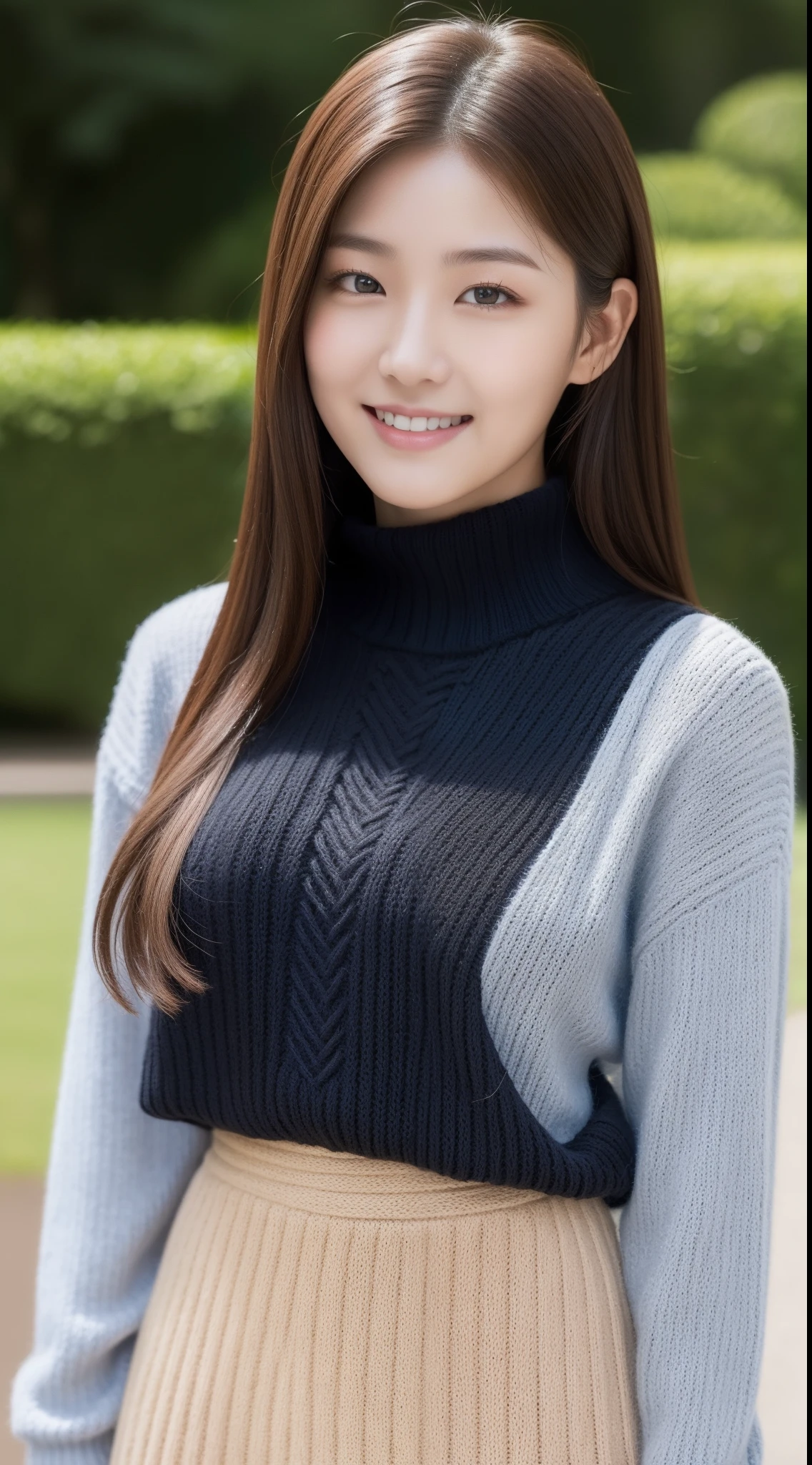 knit、turtle neck、Korea person、bobhair、Brown hair、Cat face、Oku Duplex、On the tip of the nose、Soft lips、Height 158cm、D-cups、Knitted clothes、Black skirt、full body Esbian、Skinny Legs、4K high image quality、Kim Chae Won、with round face、A smile、The background is a park、hi-school girl、High school students、a 、Young face