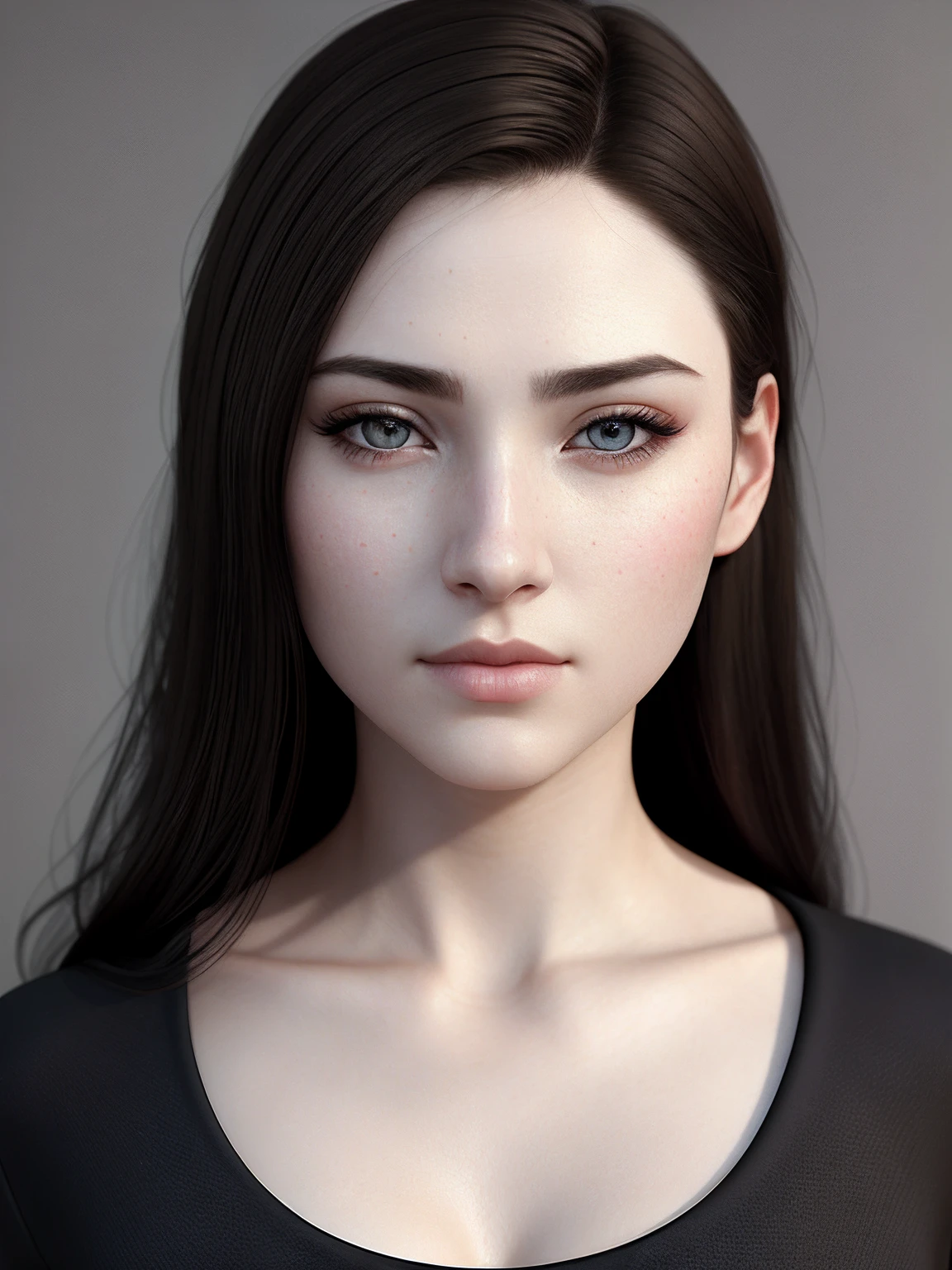 Pure beauty, professional, (4k photo:1.1) by (Jeremy Lipking:0.3), (Dittmann Anna:0.3), (Arian Mark:0.3), (Sharp focus:1.3), high detail, wearing (tight shirt:1.2), beautiful detailed face, brown eyes, long black hair, (attractive young woman:1.3), (seductive:1.1), (blushing:1.1), hourglass body shape, small round breasts, wide hips, closeup face, ((detailed facial features)), (finely detailed skin), pale skin, realistic skin texture, extreme skin details, best quality masterpiece, photorealistic, hyperrealistic, detailed, 8k, HDR, real girl face skin