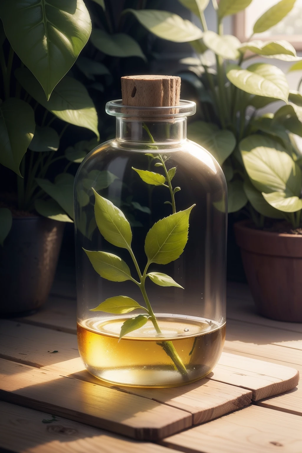 transparent bottle with oil inside and plant leaves around it