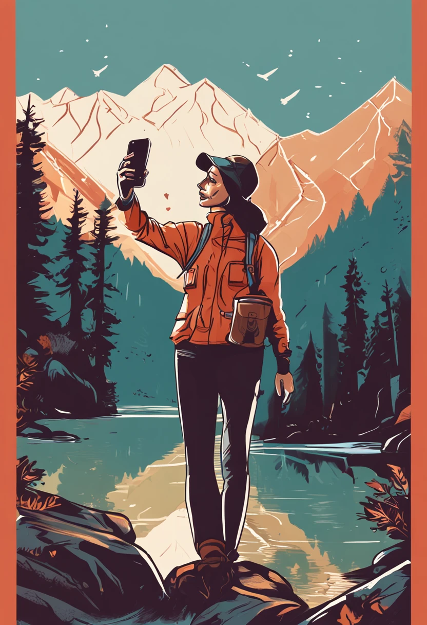 1 woman ((upper body selfie, happy)), masterpiece, best quality, ultra-detailed, solo, outdoors, mountains, nature, (stars, moon) cheerful, happy, backpack, sleeping bag, camping stove, water bottle, mountain boots, gloves, sweater, hat, flashlight, forest, rocks, river, wood, smoke, shadows, contrast, clear sky, analog style (look at viewer:1.2) (skin texture) (film grain:1.3), (warm hue, warm tone:1.2), close up, cinematic light, sidelighting, ultra high res, best shadow, RAW, upper body, wearing pullover --ar 16:9