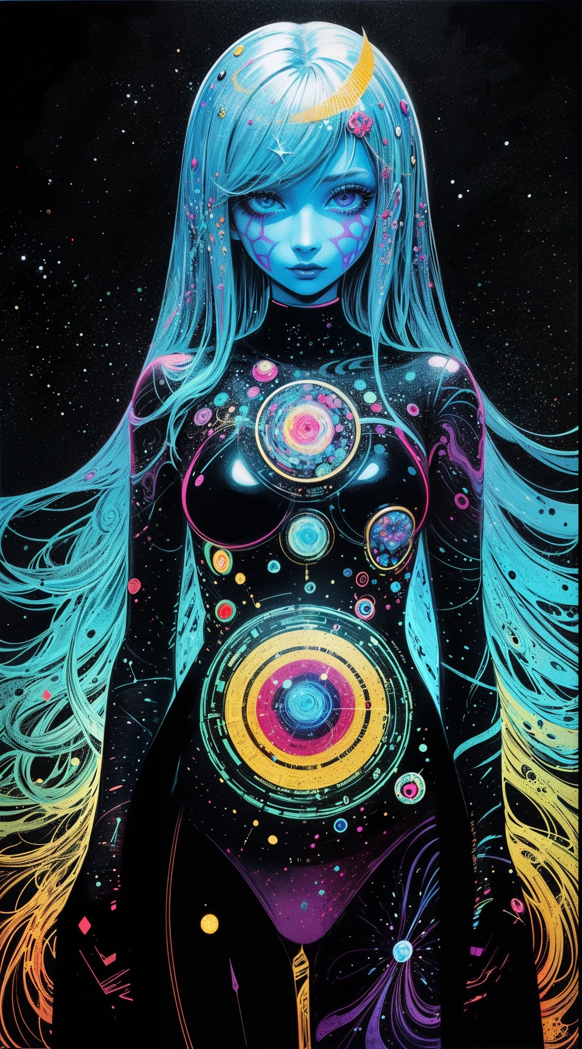 (Psychedelic art,resin Art:1.25),a girl,cowboy shot,solo,glam metal resin style,(abstracted:1.2)girl body made up of (Airbrush drawing:1.25),geometry shader art,eamless geometric,thin lines and dots representing (the Galactic System and the solar system),Alcohol ink shiny resin,ink drawing steam,
