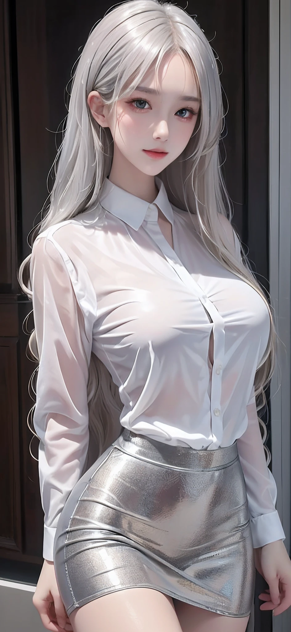 ((Best quality, 8k, Masterpiece :1.1)), Sharp focus :1.2, A Pretty Girl with perfect figure :1.4, Slender abs :1.2, (( wavy blonde hair, silver light hair ,long hair, Big breasts :1.4)), (White tight mini shirt :1.3), Black Tight Skirt (Sultry) ((Aroused: 1.5)), beauty face , (detailed face), Open top button shirt: 1.4 , ((Naked)) , Rain: 1.5 , Street:1.3, Highly detailed face and skin texture, Detailed eyes, Double eyelid, smiling