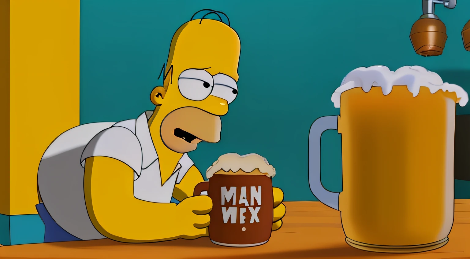 A realistic and detailed depiction of Homer Simpson in a high-resolution portrait, showing off your iconic yellow skin tone, camisa branca, blue pants, and a mean expression holding a mug of beer