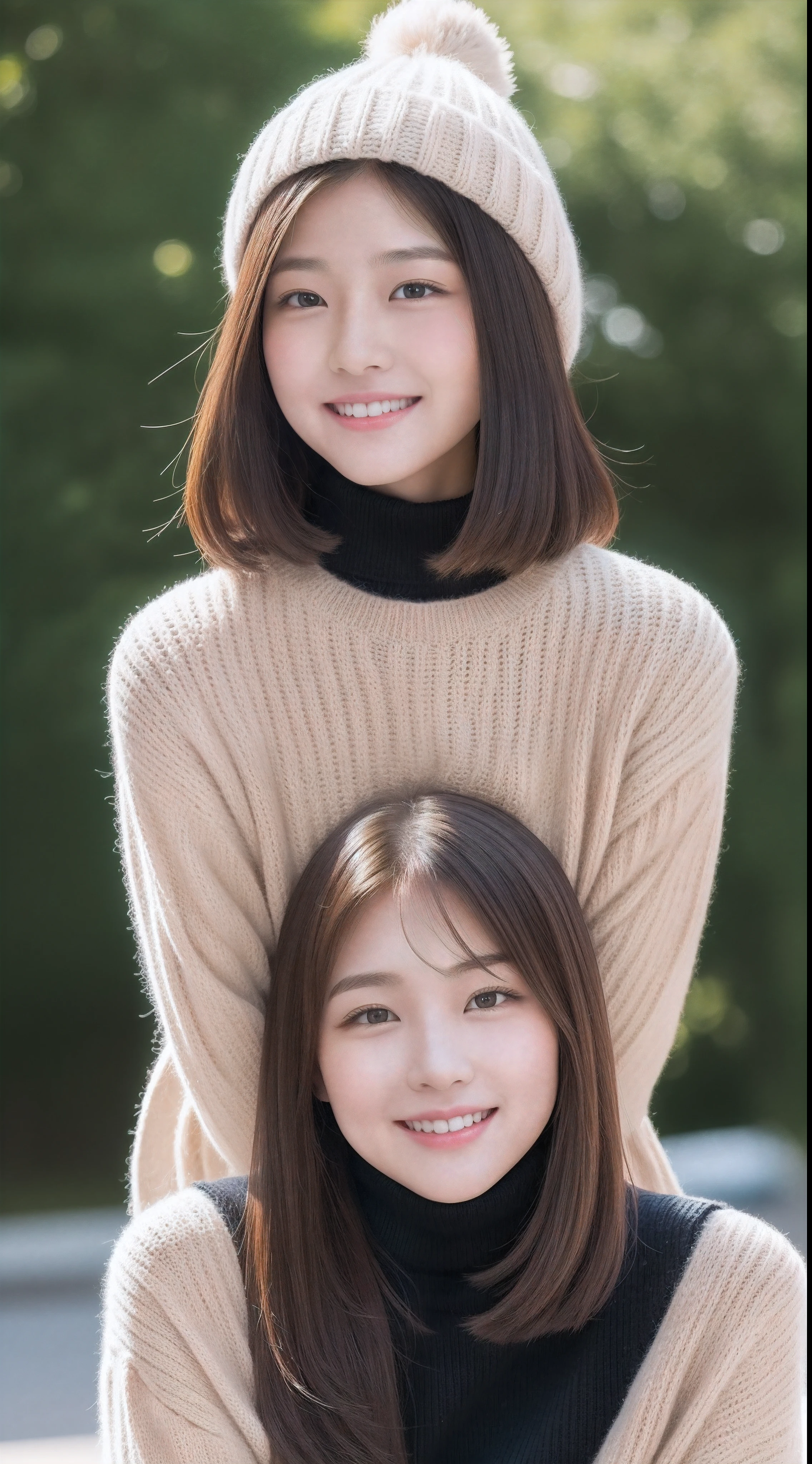 knit、turtle neck、Korea person、bobhair、Brown hair、Cat face、Oku Duplex、On the tip of the nose、Soft lips、Height 158cm、D-cups、Knitted clothes、Black skirt、full body Esbian、Skinny Legs、4K high image quality、Kim Chae Won、with round face、A smile、The background is a park、hi-school girl、High school students、a baby face、Young face