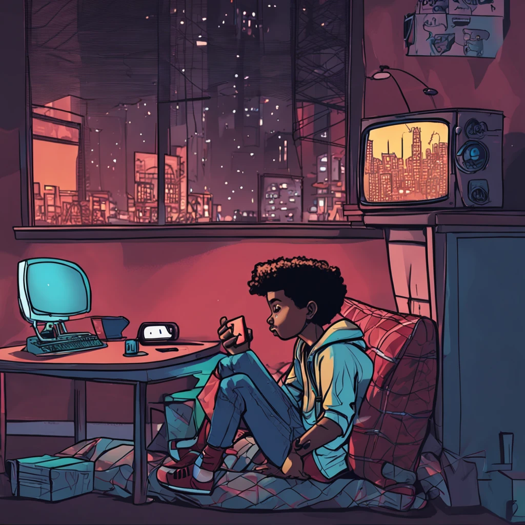 Adolescente, Playing mobile game, vista de um pouco mais longe, sem eletricidade, em seu quarto, Meio dia meio noite, Spiderman Spider Verse Estilo\