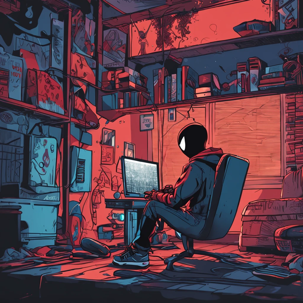 Adolescente, Playing mobile game, vista de um pouco mais longe, sem eletricidade, em seu quarto, Meio dia meio noite, Spiderman Spider Verse Estilo\