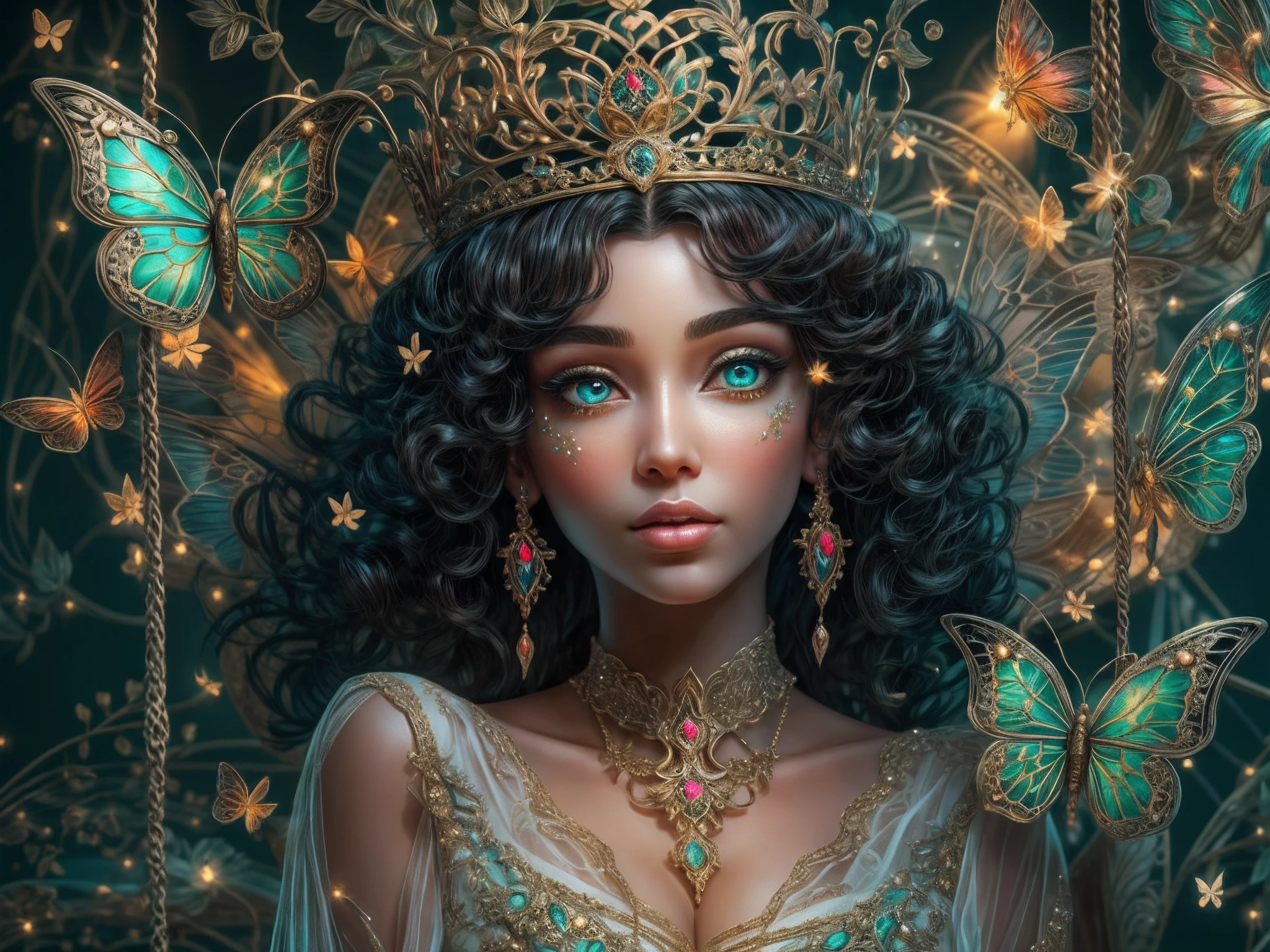 This is a realistic fantasy masterpiece with lots of shimmer, glitter, and intricate ornate detail. Generate one ite woman with a beautiful and delicate crown sitting on a garden swing at night. She is a beautiful and seductive butterfly queen with stunning curly black hair, (((incredibly realistic and detailed dynamic eyes in bright colors with realistic shading))).  Her skin is translucent white, her eyes sparkle, and her dress is elegant. Her dress is spun of the finest gossamer silk with delicate, intricate, and subtle floral detailing and gold silk butterfly sleeves. Her face is lovely and lonely. Include glow-in-the-dark flowers, lots of particles, highly realistic fantasy butteflies with translucent jewel-toned wings and fine detailing, and glow. The artwork is done in the style of Guviz and brings to mind masters in the genre such as trending fantasy works on Artstation and Midjourney. Camera: Utilize dynamic composition techniques to emphasize etherealness and delicate detail.