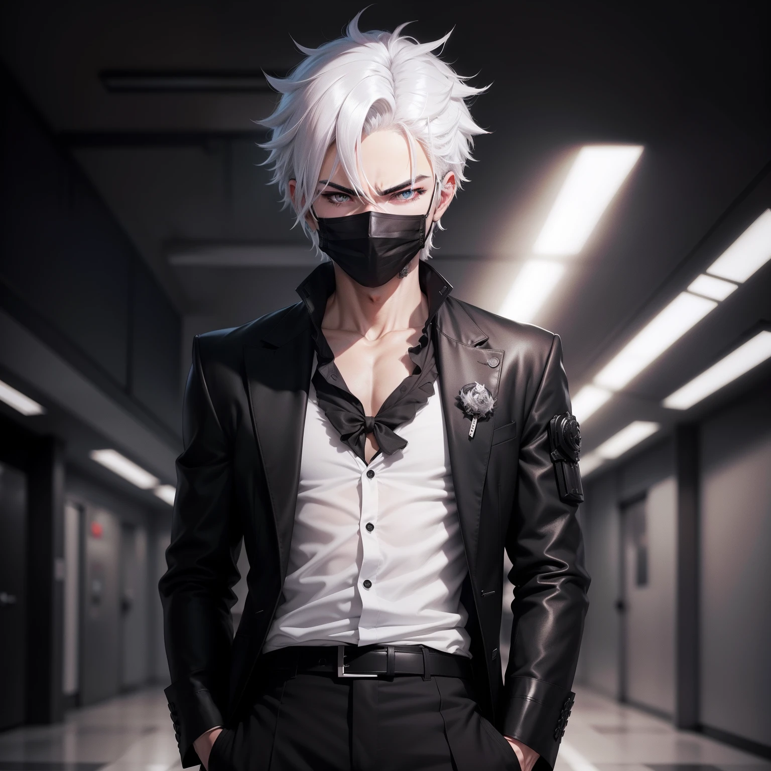 Anime boy, mask, edgy, black and white shirt and pants, dark background, symmetrical face, handsome, beautiful eyes, beautiful hair, badass, High quality image, white hair