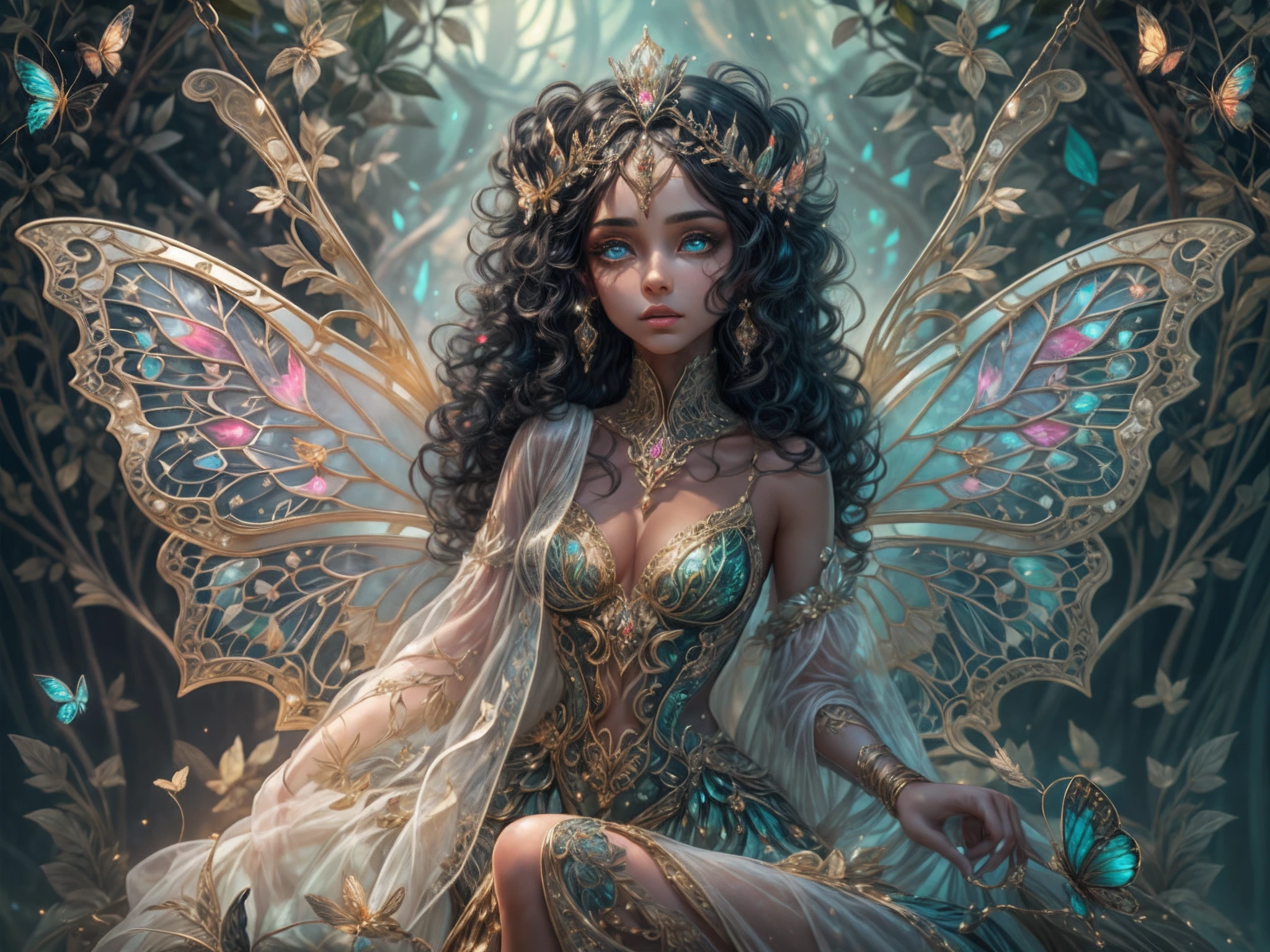 This is a realistic fantasy masterpiece with lots of shimmer, glitter, and intricate ornate detail. Generate one ite woman with a beautiful and delicate crown sitting on a garden swing at night. She is a beautiful and seductive butterfly queen with stunning curly black hair, (((incredibly realistic and detailed dynamic eyes in bright colors with realistic shading))). Her skin is translucent white, her eyes sparkle, and her dress is elegant. Her dress is spun of the finest gossamer silk with delicate, intricate, and subtle floral detailing and gold silk butterfly sleeves. Her face is lovely and lonely. Include glow-in-the-dark flowers, lots of particles, highly realistic fantasy butteflies with translucent jewel-toned wings and fine detailing, and glow. The artwork is done in the style of Guviz and brings to mind masters in the genre such as trending fantasy works on Artstation and Midjourney. Camera: Utilize dynamic composition techniques to emphasize etherealness and delicate detail.