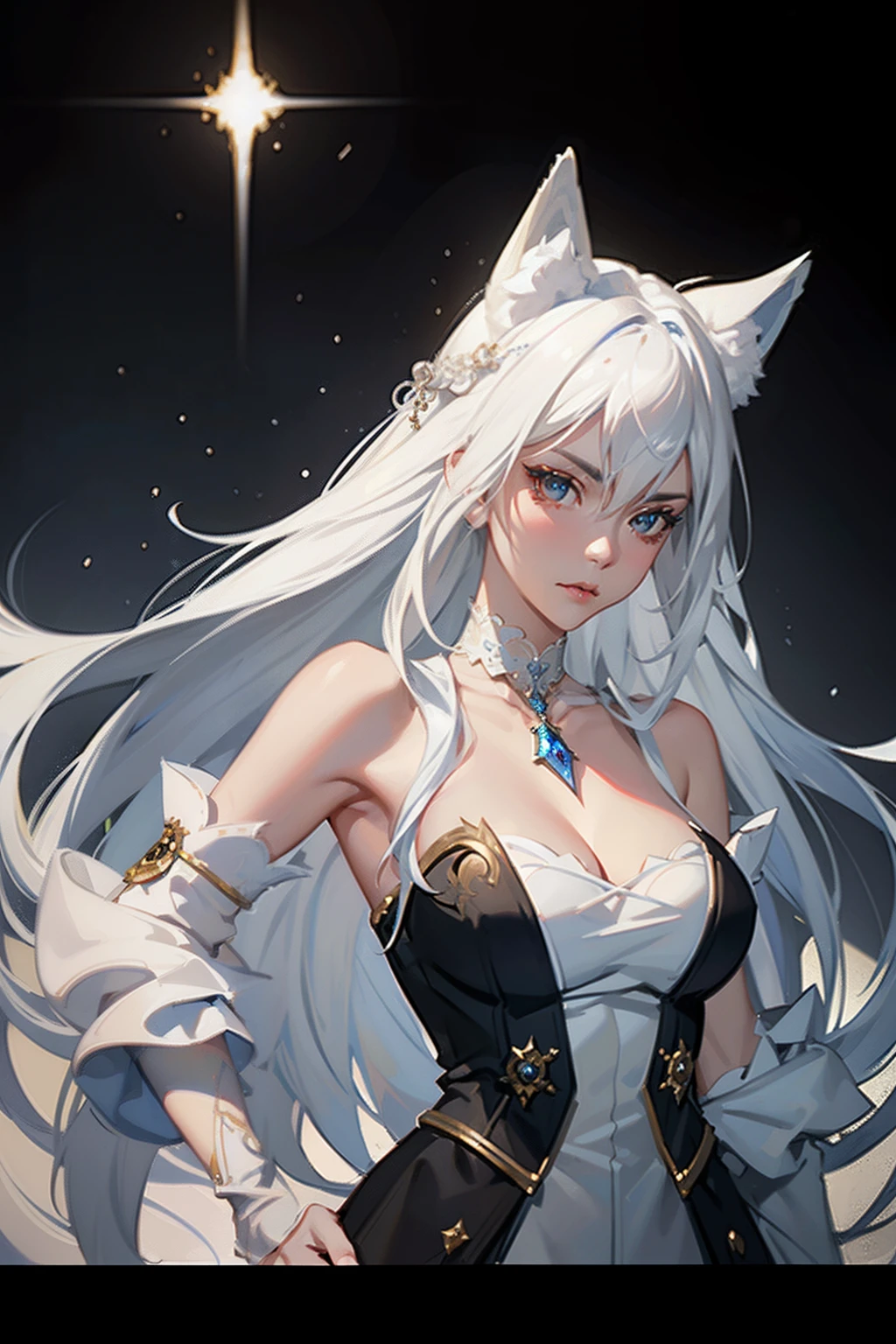 an ice goddess with white hair, fox girl, white tail, nice perfect face with soft skinice perfect face, concept art portrait by greg rutkowski, artgerm, hyperdetailed intricately detailed gothjic art, whole body photography, black christmassy choker, cleavage