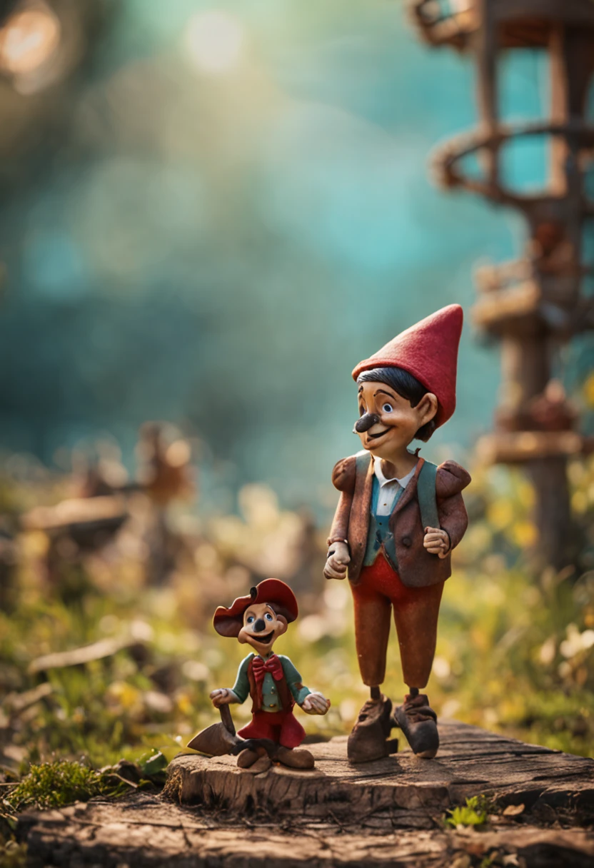 I would like to request your incredible ability to create a charming image of Pinocchio. The image should be inspired by the photo I sent, maintaining all the lovely aspects of the character. Please ensure to capture the distinct facial features, such as the iconic nose shape, expressive eyes, and that mischievous smile. The texture of the wood that makes up Pinocchio is essential for authenticity, so I kindly ask you to incorporate it artistically. Keep the color palette vibrant and magical, to bring to life all the joy that Pinocchio represents. I can't wait to see your artistic interpretation of this beloved character