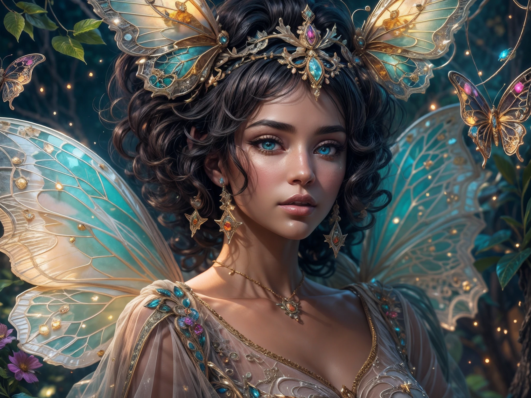 This is a realistic fantasy masterpiece with lots of shimmer, glitter, and intricate ornate detail. Generate one petite woman with a beautiful and delicate crown sitting on a garden swing at night. She is a beautiful and seductive butterfly queen with stunning curly black hair, (((incredibly realistic and detailed dynamic eyes in bright colors with realistic shading))).  Her skin is translucent white, her eyes sparkle, and her dress is elegant. Her dress is spun of the finest gossamer silk with delicate, intricate, and subtle floral detailing and gold silk butterfly sleeves. Her face is lovely and lonely. Include glow-in-the-dark flowers, lots of particles, highly realistic fantasy butteflies with translucent jewel-toned wings and fine detailing, and glow. The artwork is done in the style of Guviz and brings to mind masters in the genre such as trending fantasy works on Artstation and Midjourney. Camera: Utilize dynamic composition techniques to emphasize etherealness and delicate detail.