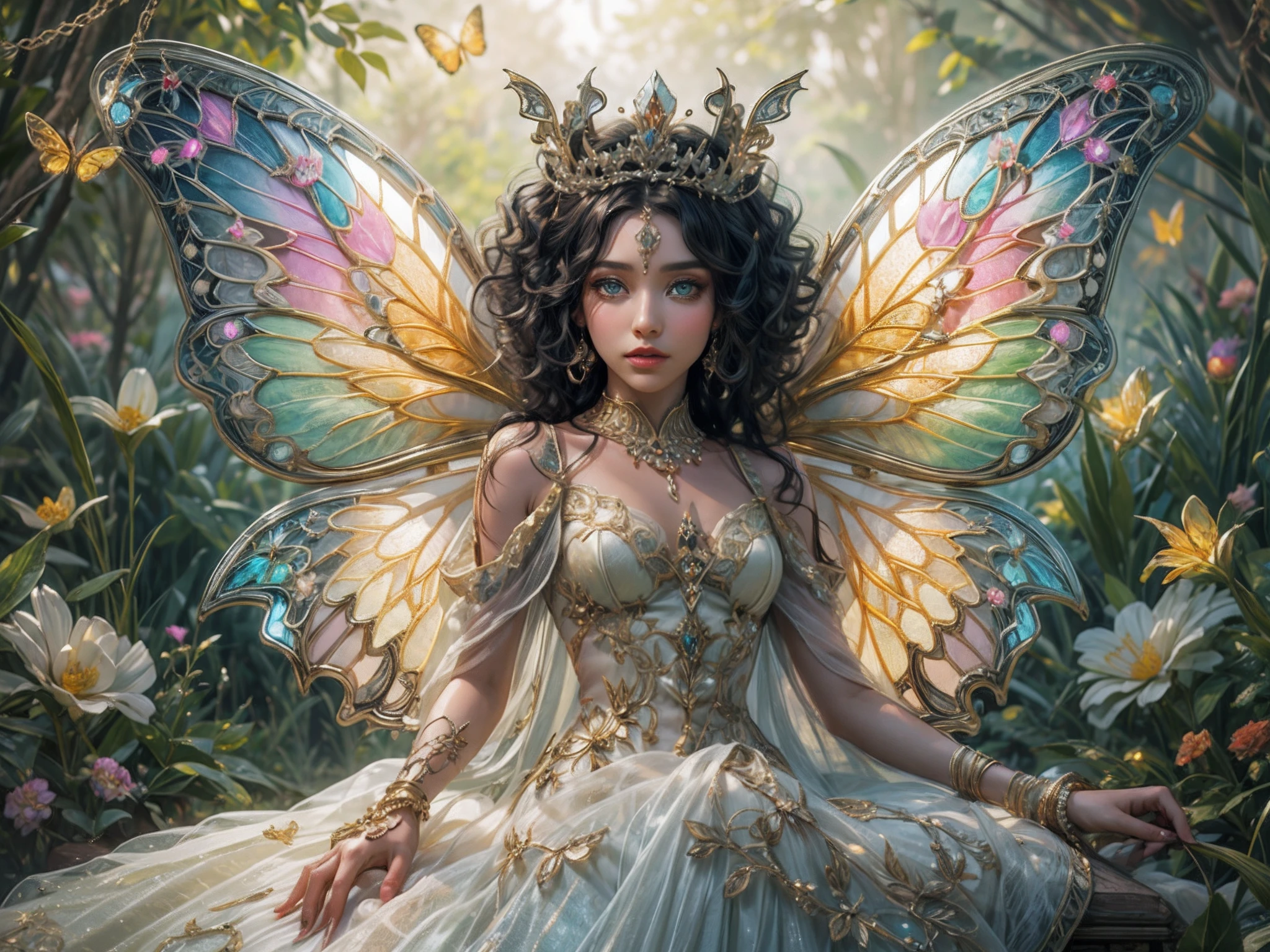 This is a realistic fantasy masterpiece with lots of shimmer, glitter, and intricate ornate detail. Generate one petite woman with a beautiful and delicate crown sitting on a garden swing at night. She is a beautiful and seductive butterfly queen with stunning curly black hair, (((incredibly realistic and detailed dynamic eyes in bright colors with realistic shading))).  Her skin is translucent white, her eyes sparkle, and her dress is elegant. Her dress is spun of the finest gossamer silk with delicate, intricate, and subtle floral detailing and gold silk butterfly sleeves. Her face is lovely and lonely. Include glow-in-the-dark flowers, lots of particles, highly realistic fantasy butteflies with translucent jewel-toned wings and fine detailing, and glow. The artwork is done in the style of Guviz and brings to mind masters in the genre such as trending fantasy works on Artstation and Midjourney. Camera: Utilize dynamic composition techniques to emphasize etherealness and delicate detail.