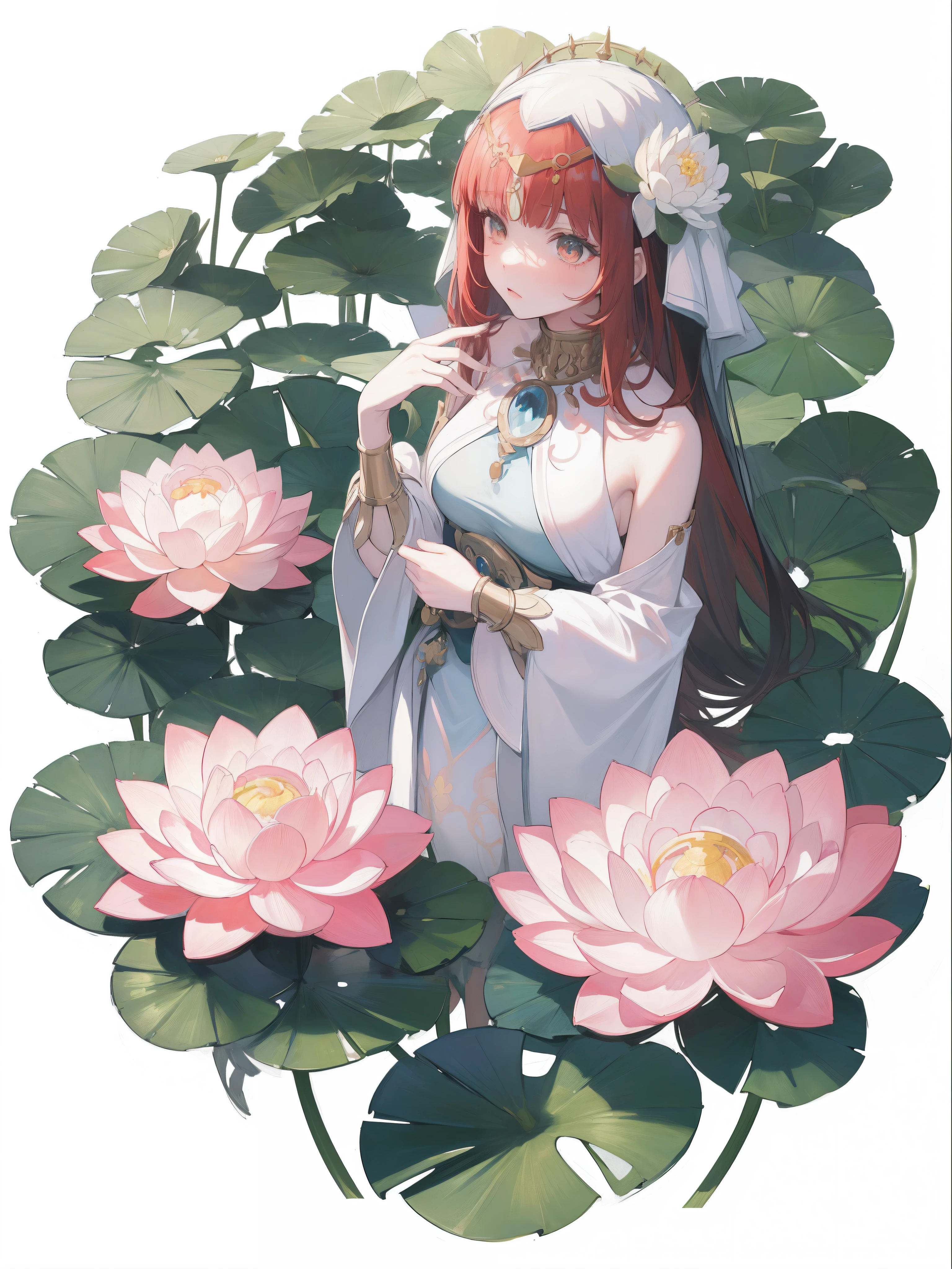 anime girl with long hair and white dress surrounded by pink flowers, standing gracefully upon a lotus, guweiz, by Shitao, gilded lotus princess, lotus floral crown girl, waterlily mecha nymphaea, sitting on a lotus flower, guweiz on pixiv artstation, flower goddess, anime goddess, standing on a lotus, red hair