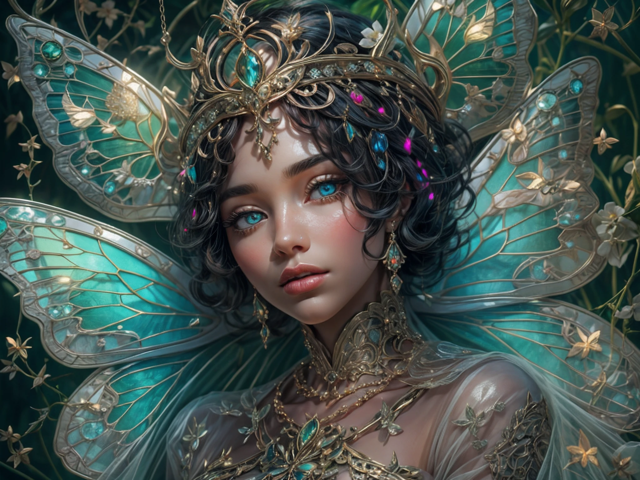 This is a realistic fantasy masterpiece with lots of shimmer, glitter, and intricate ornate detail. Generate one petite woman with a beautiful and delicate crown sitting on a garden swing at night. She is a beautiful and seductive butterfly queen with stunning curly black hair, (((incredibly realistic and detailed dynamic eyes in bright colors with realistic shading))).  Her skin is translucent white, her eyes sparkle, and her dress is elegant. Her dress is spun of the finest gossamer silk with delicate, intricate, and subtle floral detailing and gold silk butterfly sleeves. Her face is lovely and lonely. Include glow-in-the-dark flowers, lots of particles, highly realistic fantasy butteflies with translucent jewel-toned wings and fine detailing, and glow. The artwork is done in the style of Guviz and brings to mind masters in the genre such as trending fantasy works on Artstation and Midjourney. Camera: Utilize dynamic composition techniques to emphasize etherealness and delicate detail.