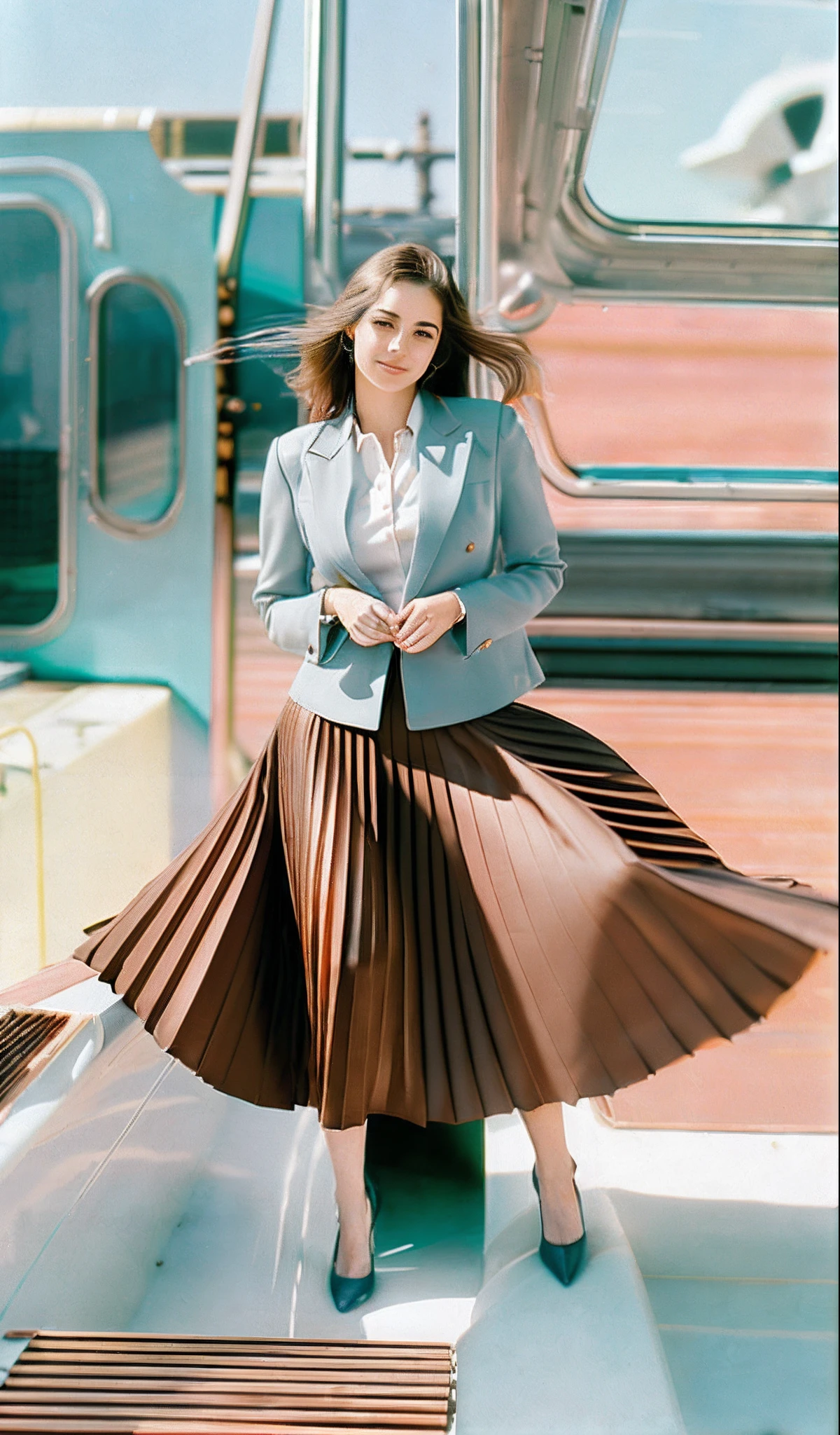 year 2288, lesbian space therapist, very (flirty:1,5) smiling good women wearing a short blazers and very very detailed (long (fully pleated) full circle skirts) and (simple) low heeled office shoes, very very intricate hyper-detailed symmetric (attractive graceful young feminine faces) with (sad, tired eyes and a shy smile), large breasts, full of empathy and compassion and love, (pronounced (feminine) features), (highly detailed ultra accurate realistic) hands and fingers, (windy conditions and wind blowing), epic composition, highly detailed attributes, highly detailed atmosphere, (35mm f1.4 Kodak portra 400 photograph), extremely high quality RAW photograph,