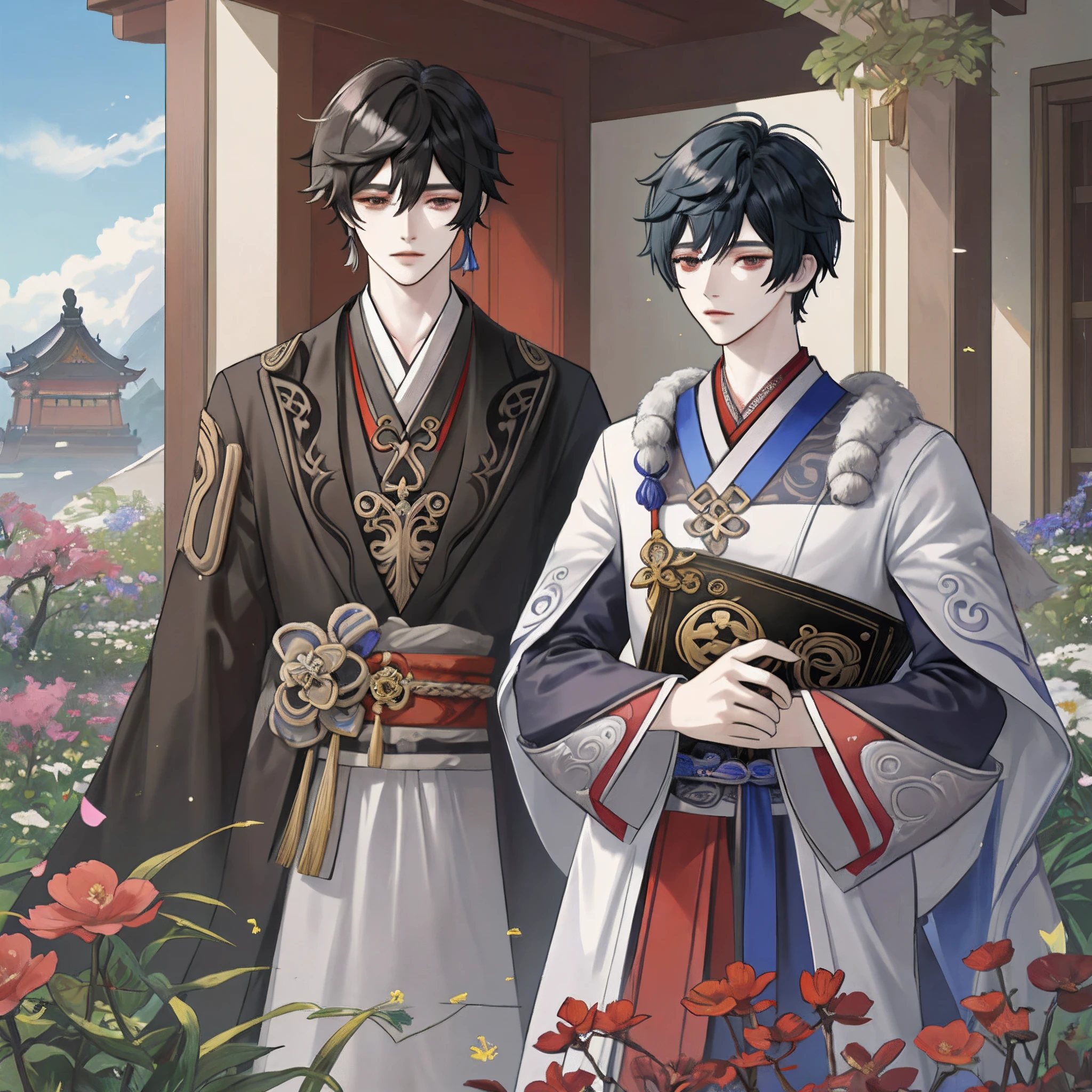 anime character standing in front of a flower garden with a building in the background, a picture inspired by Ren Xiong, cg society contest winner, vanitas, young shadow mage male, keqing from genshin impact, zhongli from genshin impact, black - haired mage, genshin impact style, ((wearing aristocrat robe))