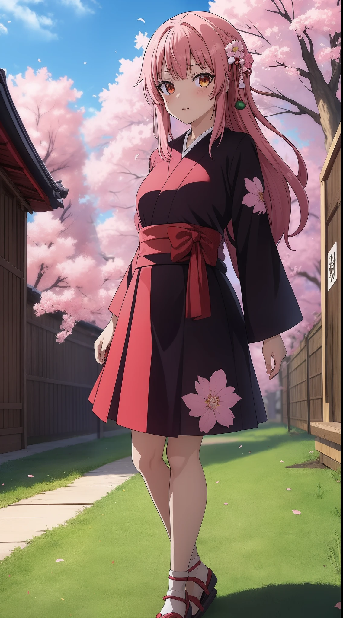 ((Mastepiece)), ((best quality)), (ultra-detalhado), ((extremamente detalhado)), 4k, (8k), best quality, 1girl, Samurai, roupas pretas, Red bow at the waist with gold details, heterocromia, Olhos vermelhos e azuis, cabelo longo preto, fita no cabelo, katana longa, Japanese scenery with Sakura flowers, templo em ruinas, anime, obra-prima, melhor qualidade