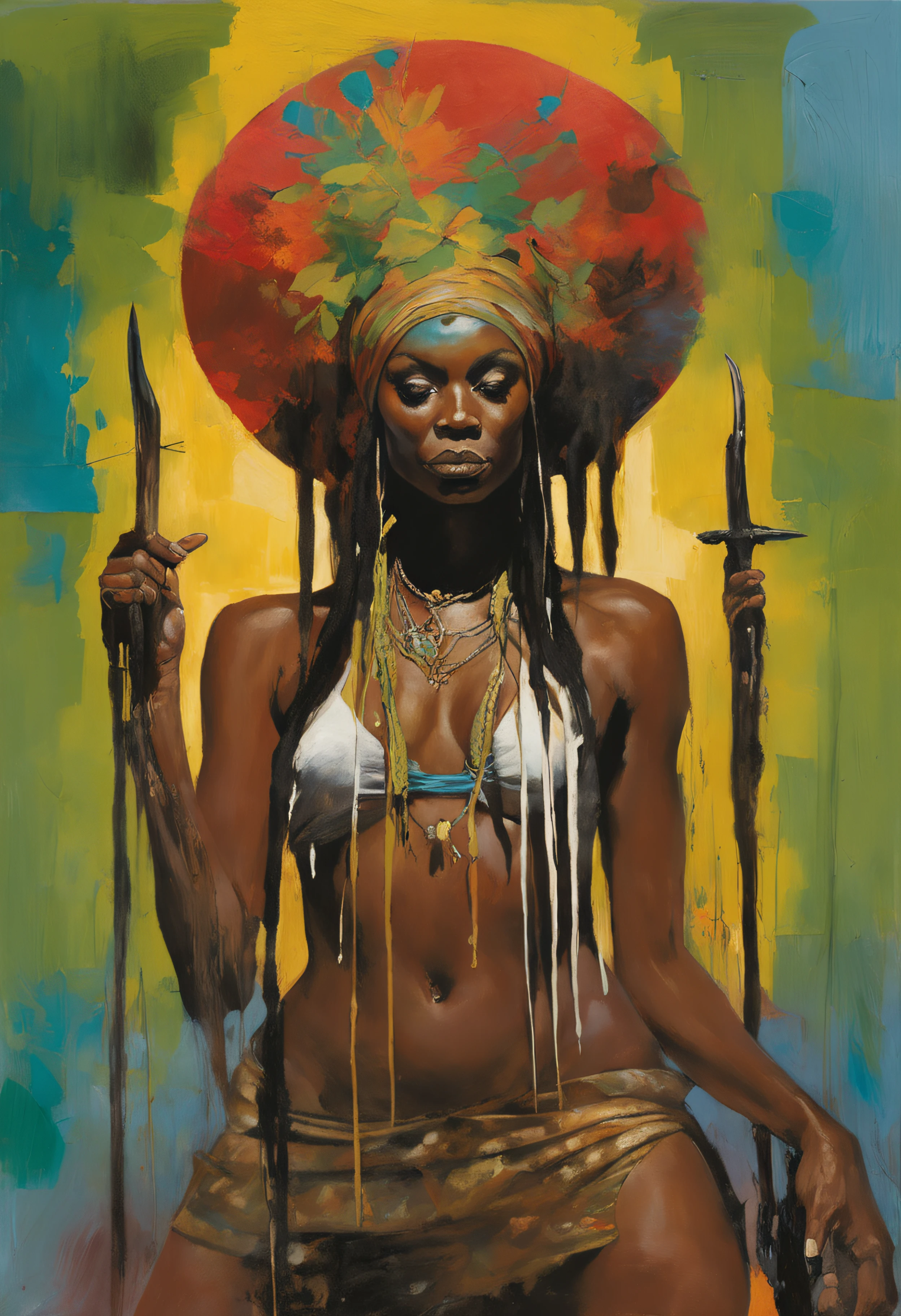 ((masterpiece:1.4, best quality:1.2)), a voodoo priestess, swamp, dreadlocks, skulls, artwork portrait, adam hughes, sexy, erotic.
