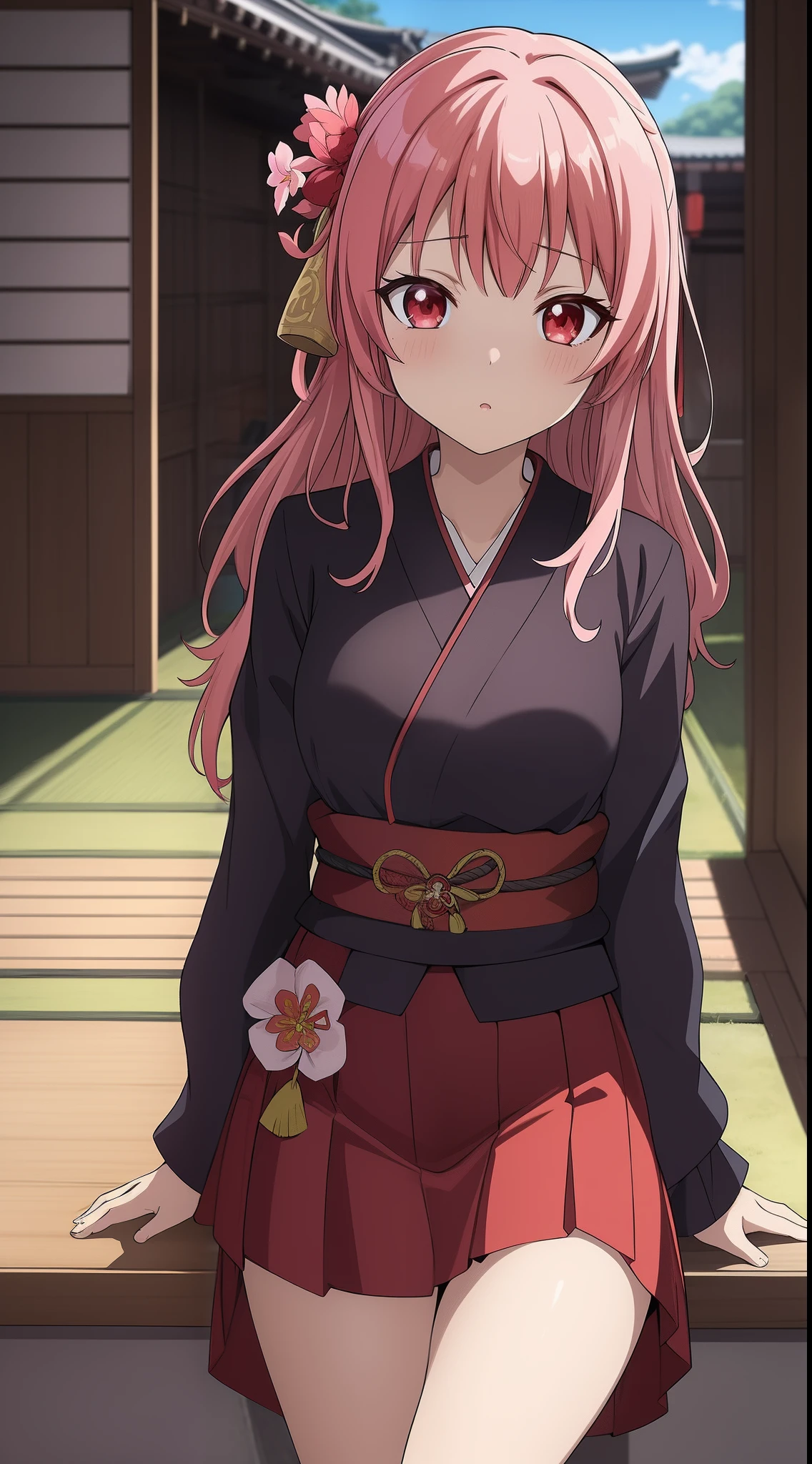 ((Mastepiece)), ((best quality)), (ultra-detalhado), ((extremamente detalhado)), 4k, (8k), best quality, 1girl, Samurai, roupas pretas, Red bow at the waist with gold details, heterocromia, Olhos vermelhos e azuis, cabelo longo preto, fita no cabelo, katana longa, Japanese scenery with Sakura flowers, templo em ruinas, anime, obra-prima, melhor qualidade