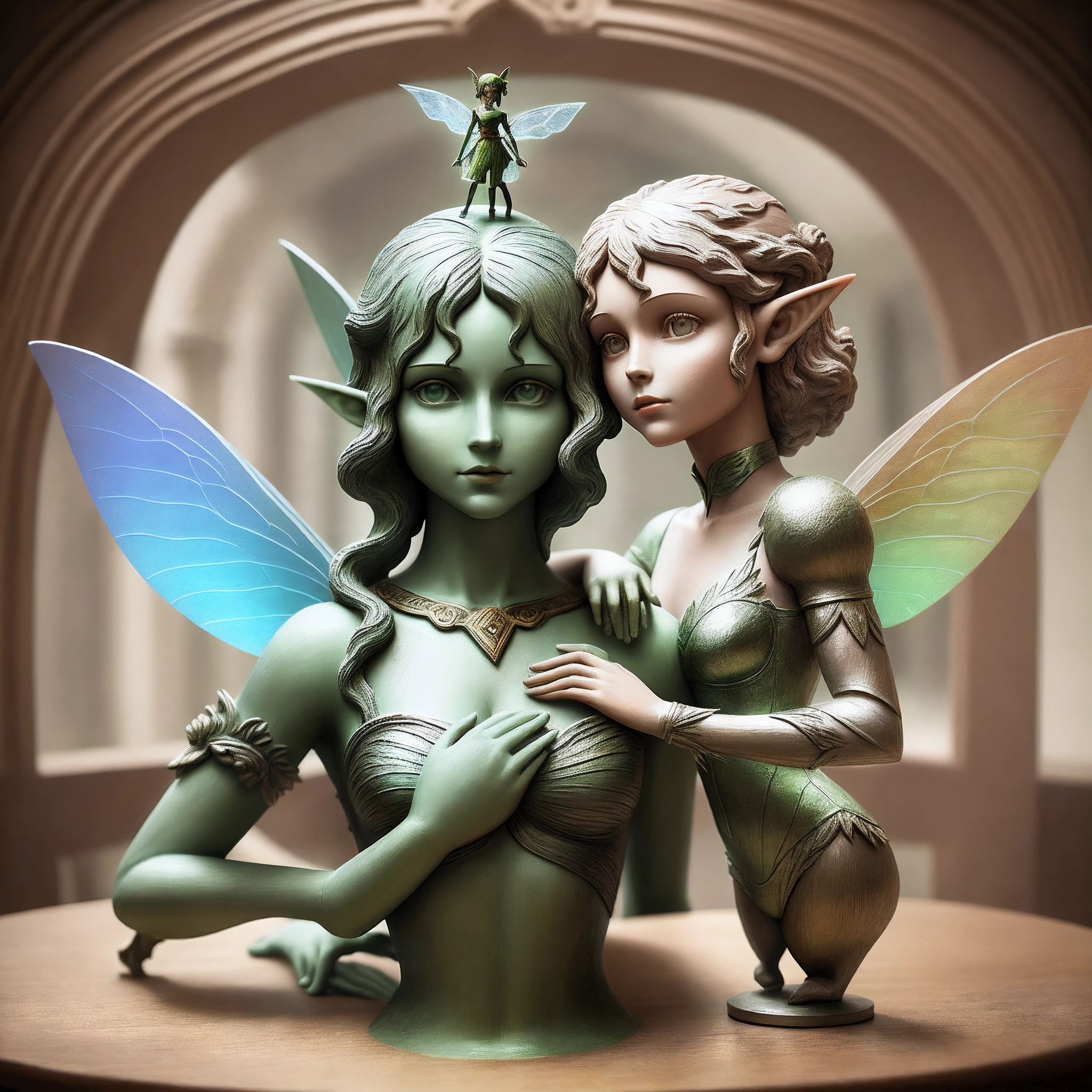 On the table sits a statue of a fairy, Art Deco sculpture inspired by Margaret Brundage, Trend of CGsociety, fine art, brunette elf with fairy wings, faeries, beautiful fairie, fairies have wings, little fairys, portrait of fairy, Re-Raphael Elves, beautiful adult fairy, portrait of a fairy, fae teenage girl