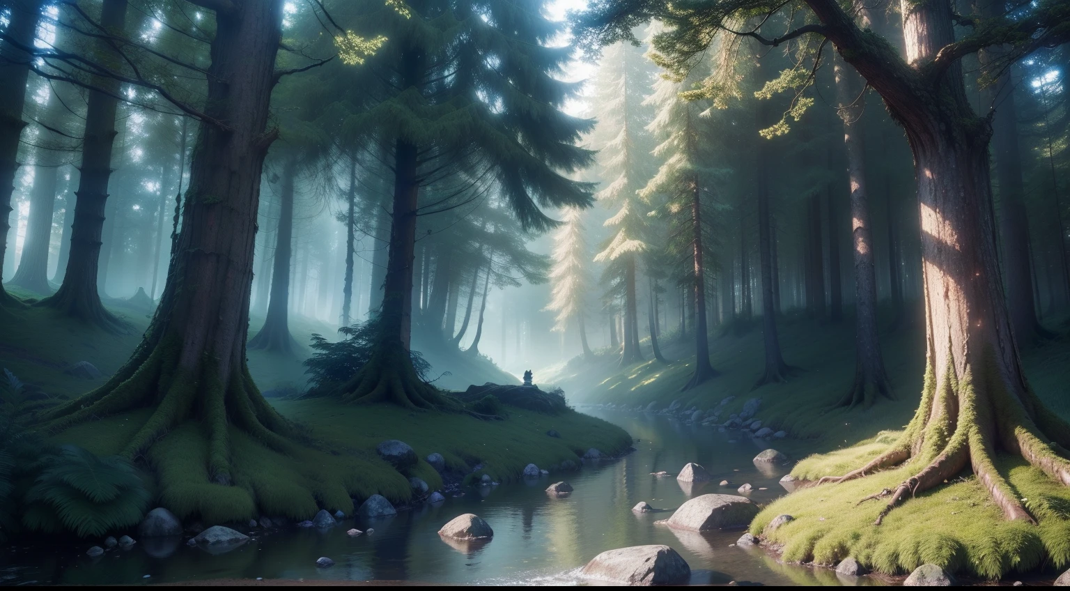 magical forest full of giant and mysterious trees. Trees glow in multiple shimmering colors, emitting charming lights that give the place a magical atmosphere. The branches and trunks overlap to form narrow and intertwined passages, disappearing in the depths of the forest. In the woods there are fairy and strange creatures, such as fairies and charming monsters, where they wander among the trees and add a magical touch to the place. A clear river runs through the forest, where small waterfalls form that make the look calm and refreshing, ((In the morning)), 8k, high quilty, realistic, beautiful realistic, Cool details, raw photo, photo realistic, ultra details, 3d realistic