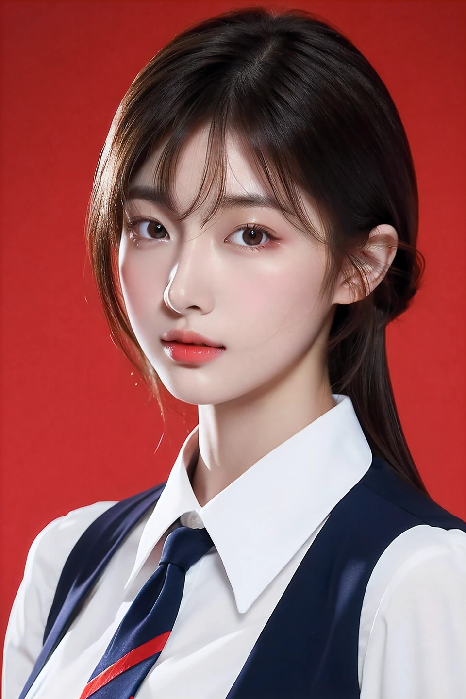 Best quality, High details, high resolution, HD, 16k,Close-up photo of shoulder length short brunette girl in suit uniform, ultraclear, Flawless and delicate face, Truly delicate skin, big breasts beautiful, Delicate and clear eyes, Look at the screen, Simple, (simple red background)