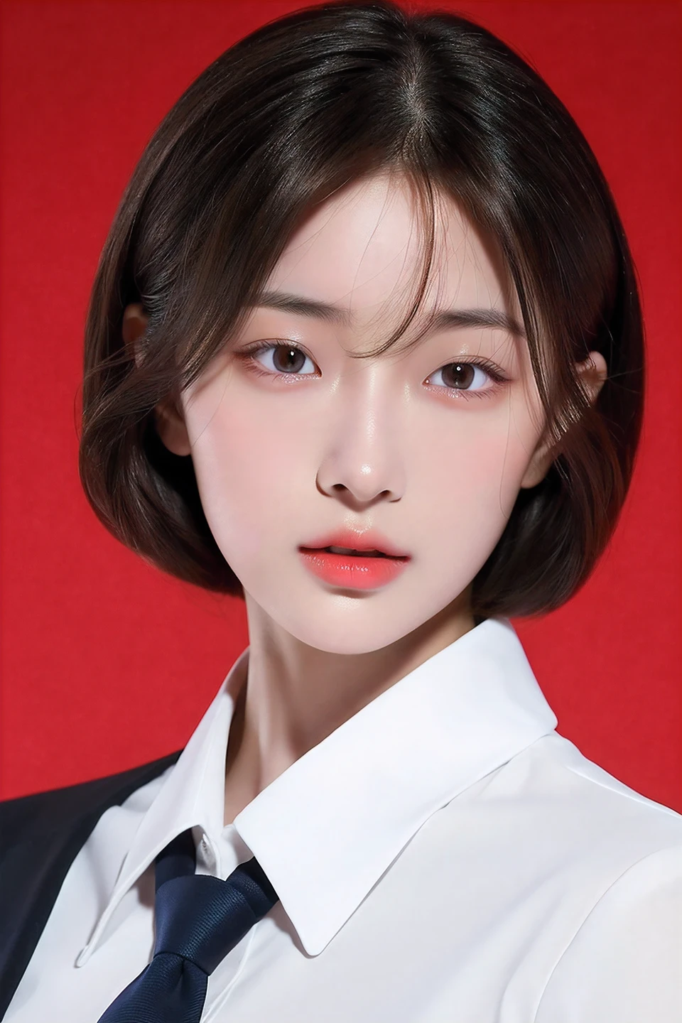 Best quality, High details, high resolution, HD, 16k,Close-up photo of shoulder length short brunette girl in suit uniform, ultraclear, Flawless and delicate face, Truly delicate skin, big breasts beautiful, Delicate and clear eyes, Look at the screen, Simple, (simple red background)