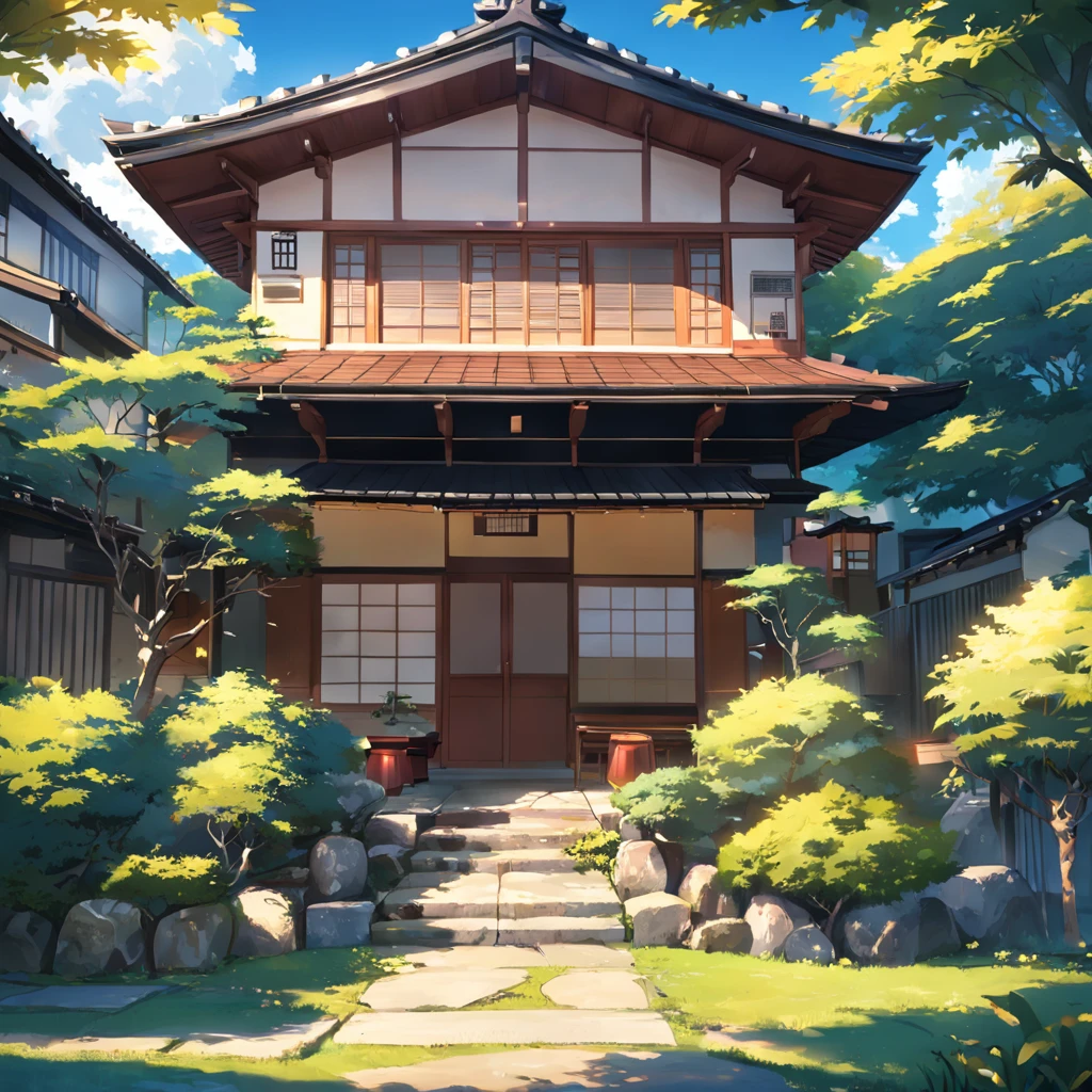 excelente qualidade de imagem, quiet sunday morning, sun is shining, blue sky, style similar to japanese anime, detalhes realistas de ambiente de jardim, Typical Japanese house façade, cena de dorama, elementos de anime