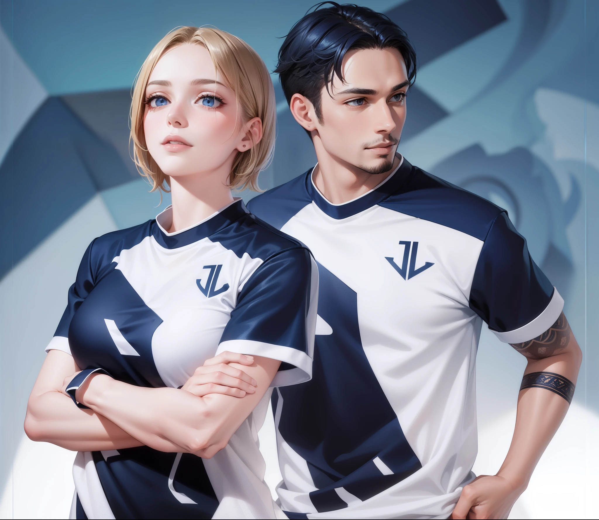 2 people, woman and man, Attractive profile picture, masterpiece, ultra-precise rendering, beautiful and cool young woman, trustworthy, dependable young woman, savior of the world, simple design, most beautiful image, 4K, blue black hair, beautiful woman, handsome man, facial hair, beautiful smile, woman short hair