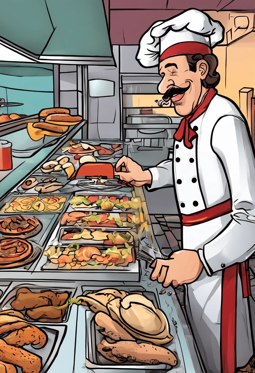 imagine um chef de cozinha trabalhando produzindo lanches em uma cozinha de restaurante, quero que a imagem seja em cartoon